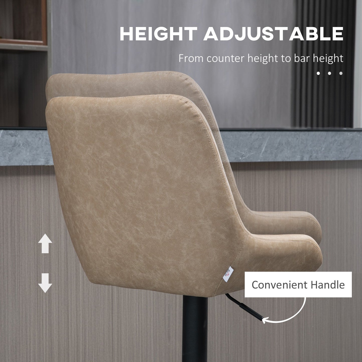 HOMCOM Breakfast Bar Stools Set of 2 with 51x40cm Wide Seat, Height Adjustable Kitchen Counter Chairs, Retro Swivel Upholstered Barstools with Back, Footrest and Steel Base, Light Khaki