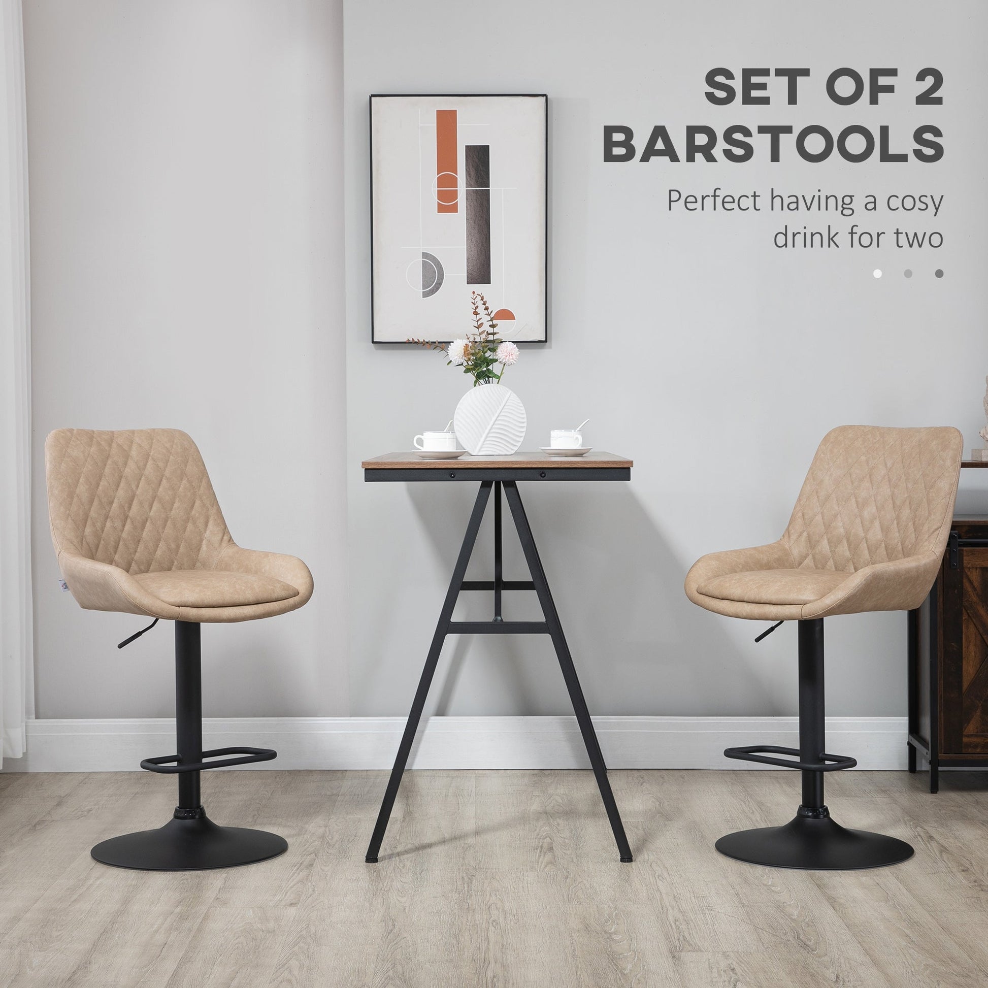 HOMCOM Breakfast Bar Stools Set of 2 with 51x40cm Wide Seat, Height Adjustable Kitchen Counter Chairs, Retro Swivel Upholstered Barstools with Back, Footrest and Steel Base, Light Khaki