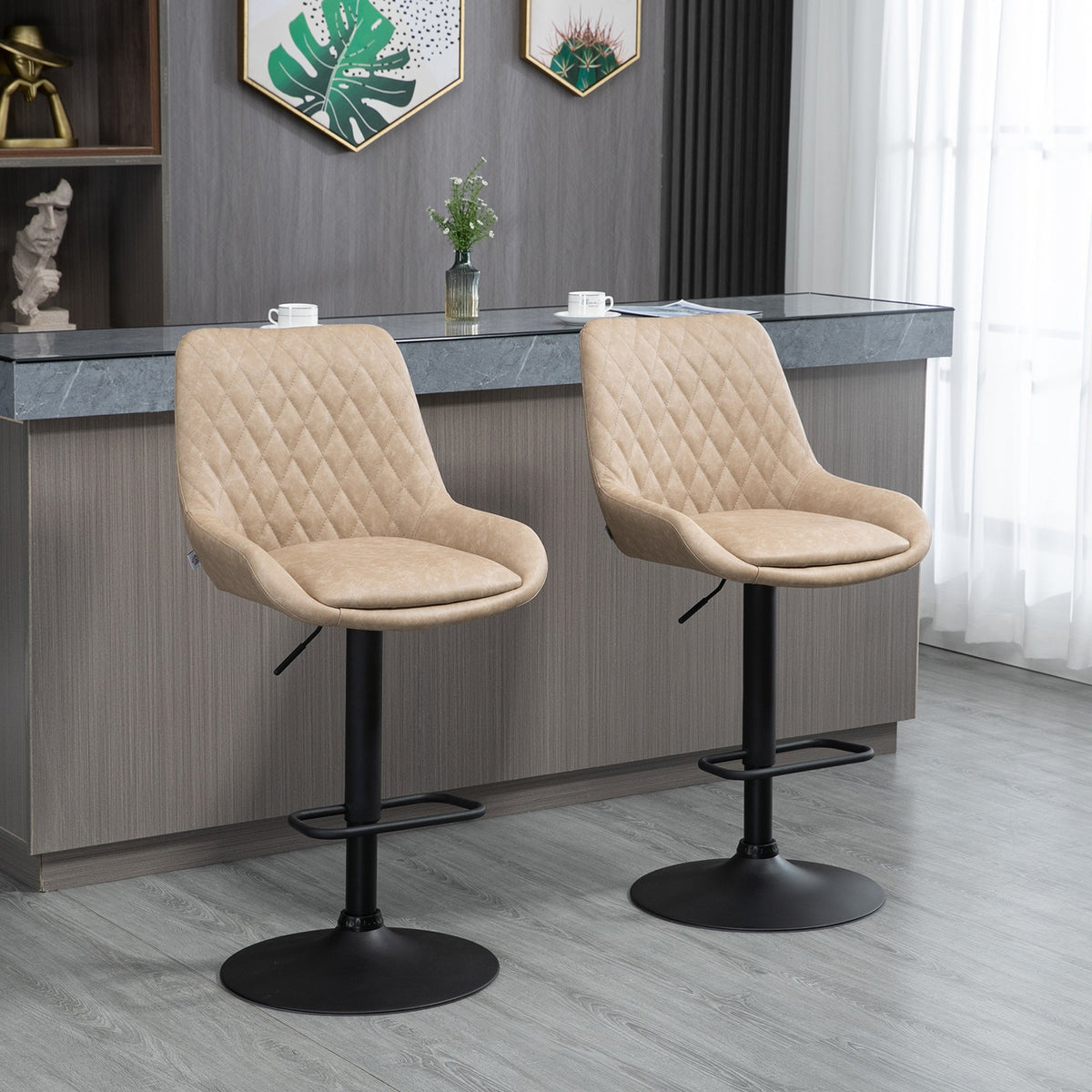 HOMCOM Breakfast Bar Stools Set of 2 with 51x40cm Wide Seat, Height Adjustable Kitchen Counter Chairs, Retro Swivel Upholstered Barstools with Back, Footrest and Steel Base, Light Khaki