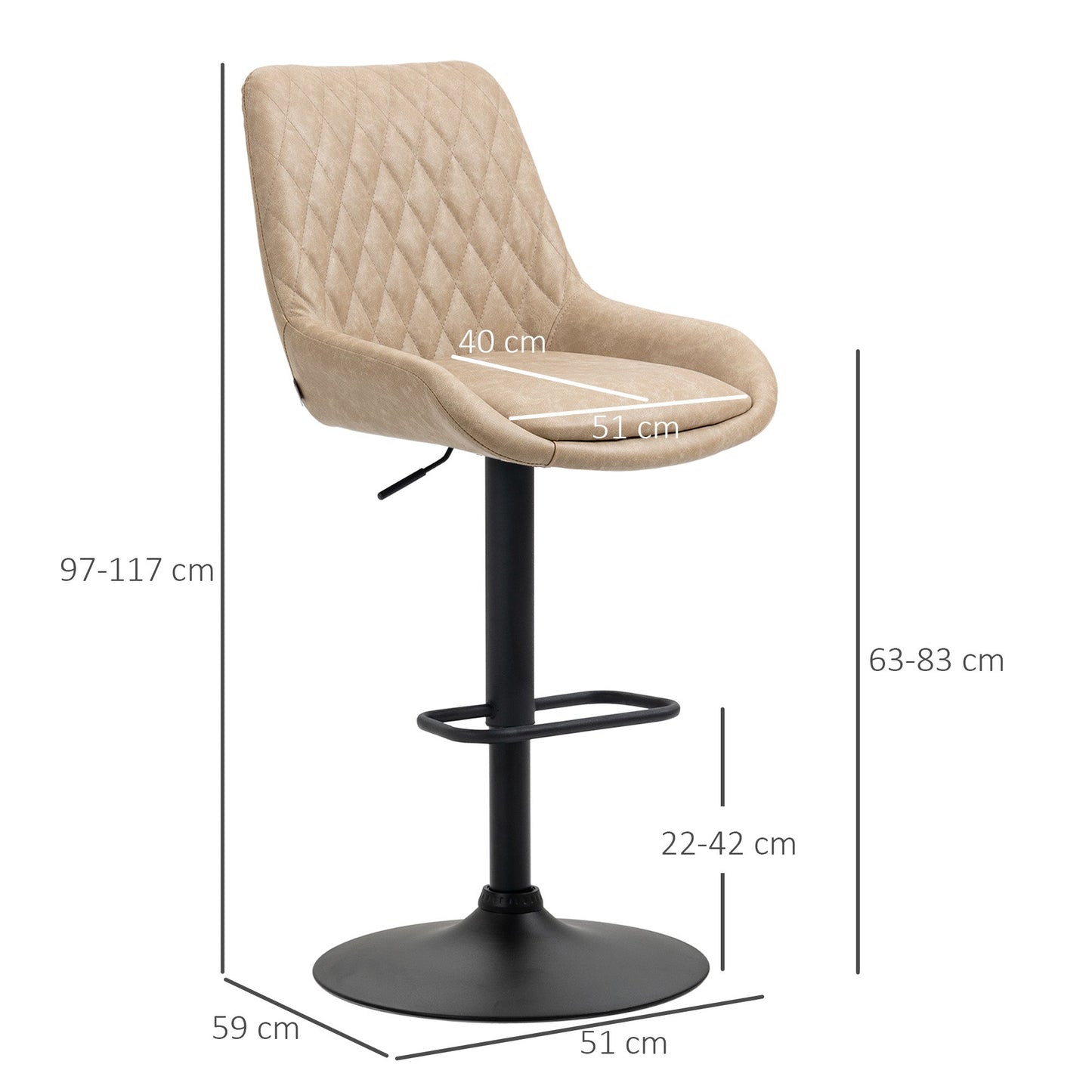 HOMCOM Breakfast Bar Stools Set of 2 with 51x40cm Wide Seat, Height Adjustable Kitchen Counter Chairs, Retro Swivel Upholstered Barstools with Back, Footrest and Steel Base, Light Khaki
