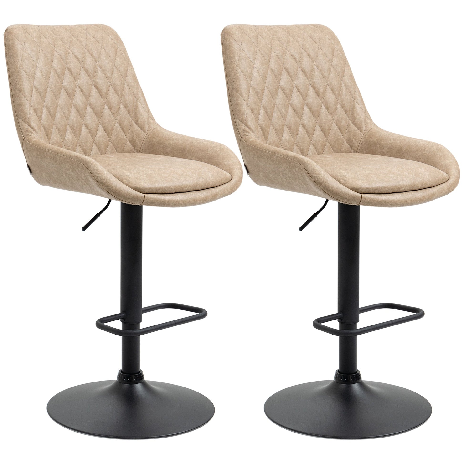 HOMCOM Breakfast Bar Stools Set of 2 with 51x40cm Wide Seat, Height Adjustable Kitchen Counter Chairs, Retro Swivel Upholstered Barstools with Back, Footrest and Steel Base, Light Khaki