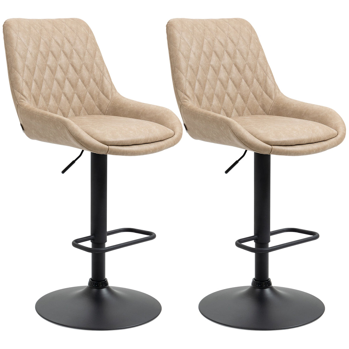 HOMCOM Breakfast Bar Stools Set of 2 with 51x40cm Wide Seat, Height Adjustable Kitchen Counter Chairs, Retro Swivel Upholstered Barstools with Back, Footrest and Steel Base, Light Khaki