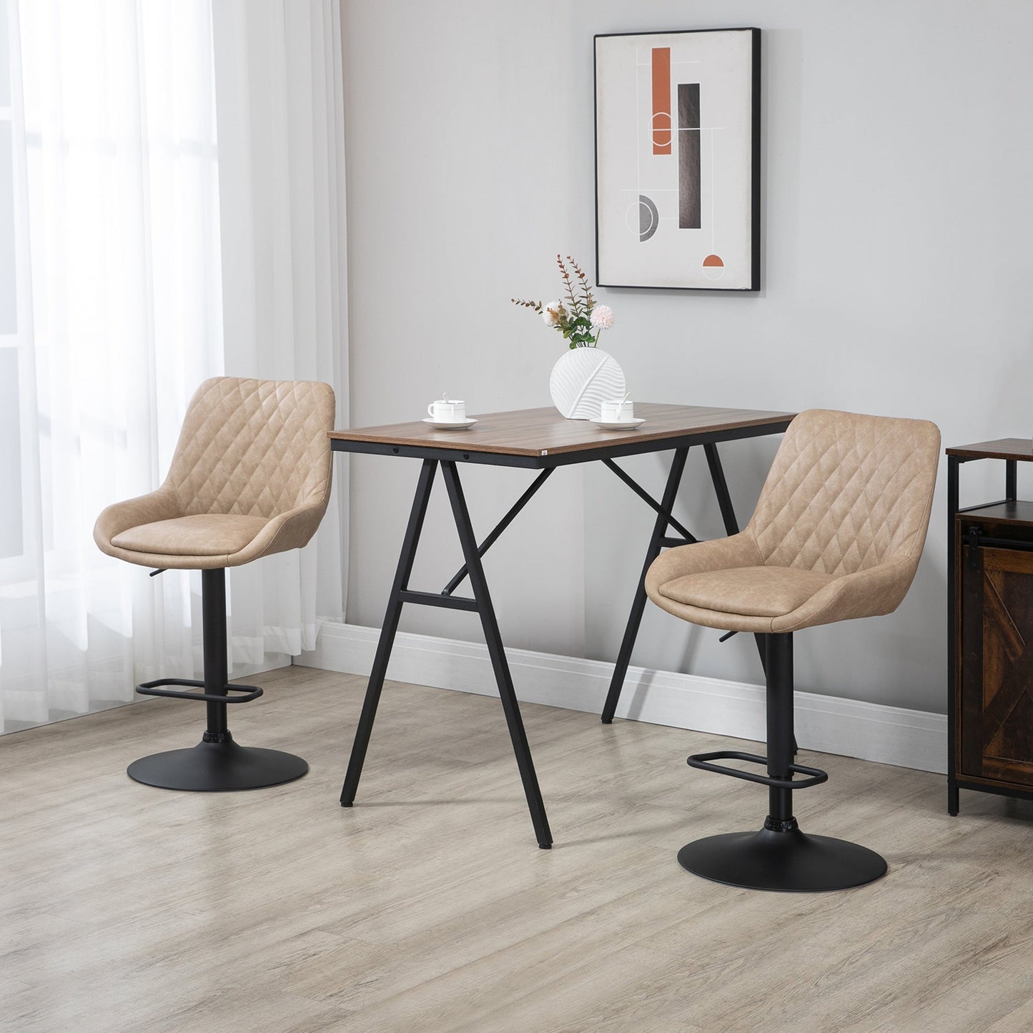 HOMCOM Breakfast Bar Stools Set of 2 with 51x40cm Wide Seat, Height Adjustable Kitchen Counter Chairs, Retro Swivel Upholstered Barstools with Back, Footrest and Steel Base, Light Khaki