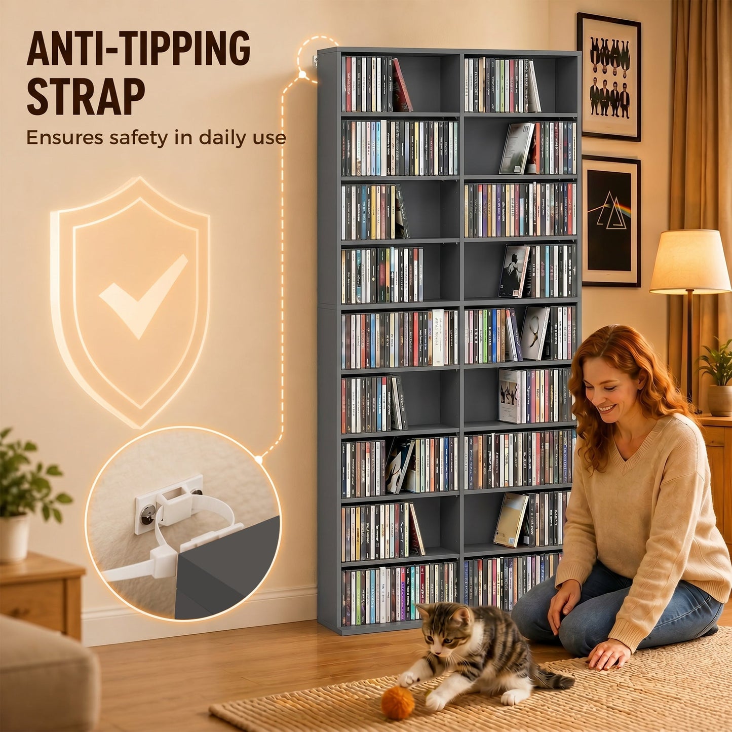 640 CD/360 DVD Storage Unit, Blu-ray Media Storage Shelf with 18 Compartments and 14 Adjustable Shelves, CD Tower for Living Room, Bedroom, Office, Grey