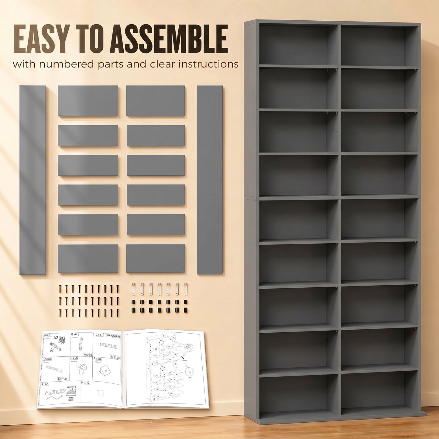 640 CD/360 DVD Storage Unit, Blu-ray Media Storage Shelf with 18 Compartments and 14 Adjustable Shelves, CD Tower for Living Room, Bedroom, Office, Grey