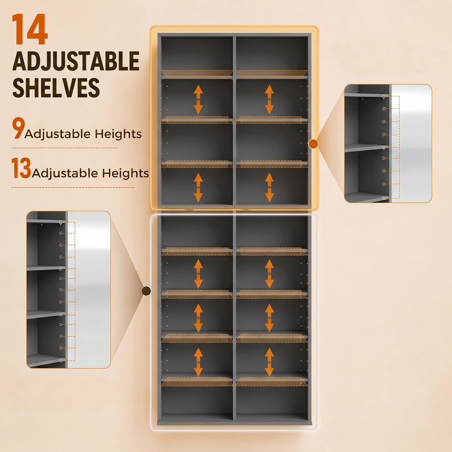 640 CD/360 DVD Storage Unit, Blu-ray Media Storage Shelf with 18 Compartments and 14 Adjustable Shelves, CD Tower for Living Room, Bedroom, Office, Grey