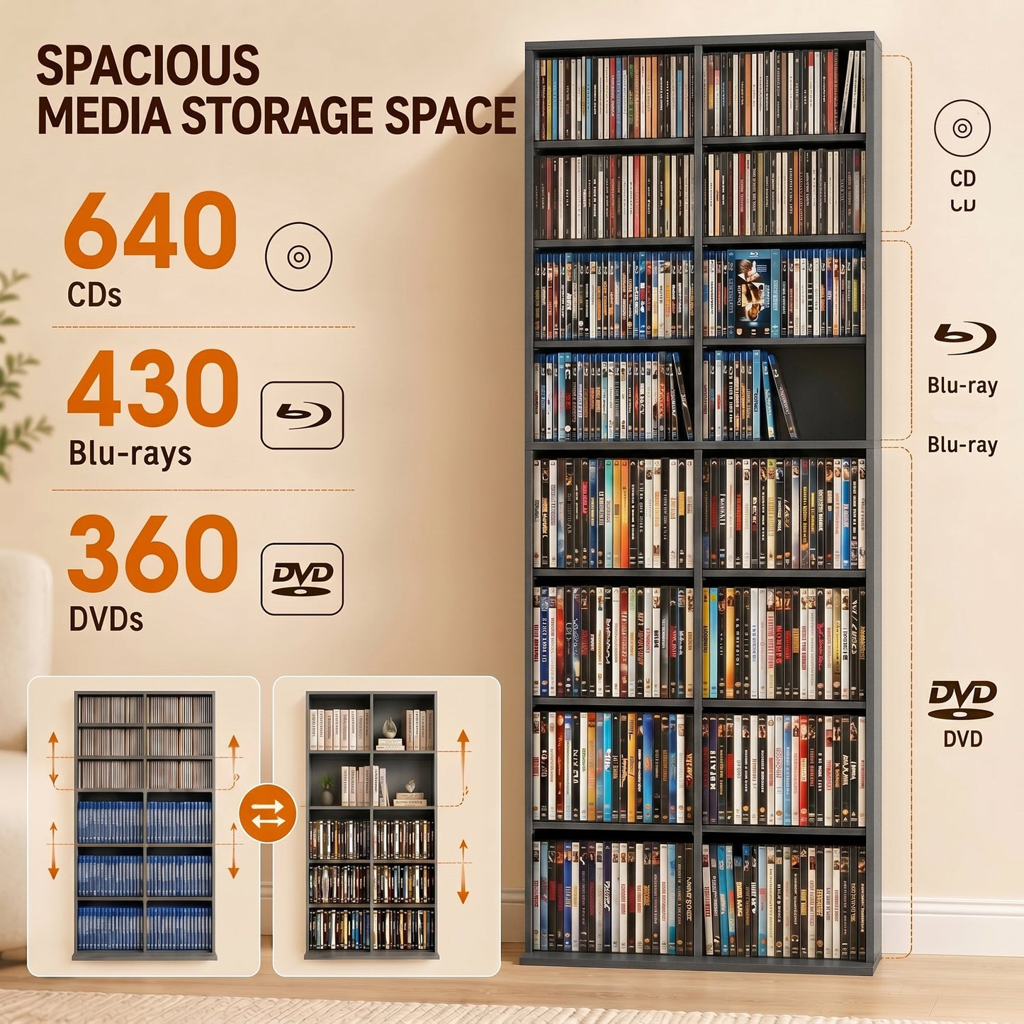 640 CD/360 DVD Storage Unit, Blu-ray Media Storage Shelf with 18 Compartments and 14 Adjustable Shelves, CD Tower for Living Room, Bedroom, Office, Grey