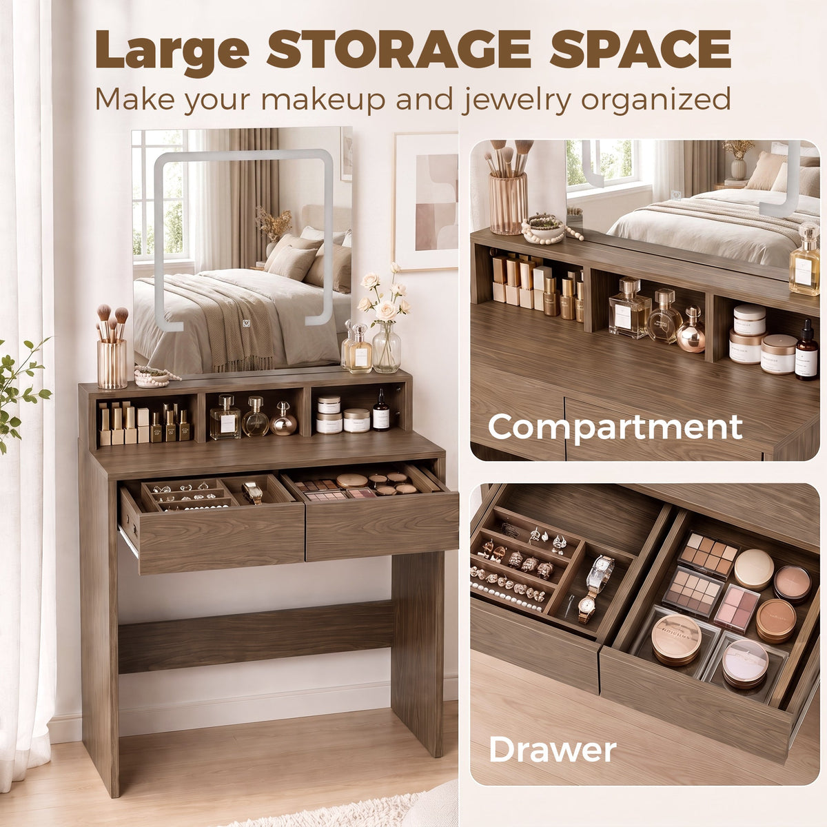 Dressing Table with Mirror and LED Lights, Vanity Table with 2 Drawers, 3 Compartments, 3 Colour Lighting, for Bedroom, Modern Dresser Makeup Desk for Women and Girls, Walnut brown