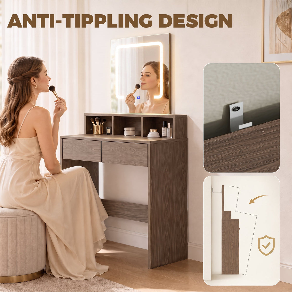 Dressing Table with Mirror and LED Lights, Vanity Table with 2 Drawers, 3 Compartments, 3 Colour Lighting, for Bedroom, Modern Dresser Makeup Desk for Women and Girls, Walnut brown