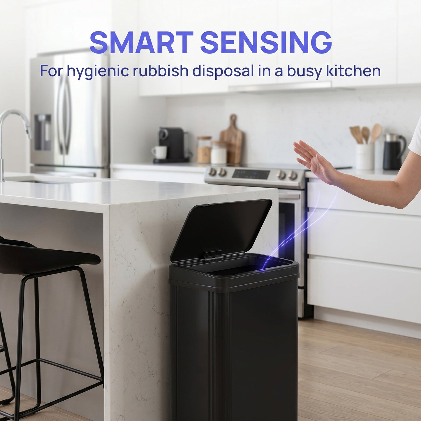 50L Sensor Bin with Quiet Soft-Close Lid, Automatic Touchless Motion Sensor Kitchen Bin with Fingerprint Resistant Stainless Steel for Hygienic Gyms, Home Office Use, Black