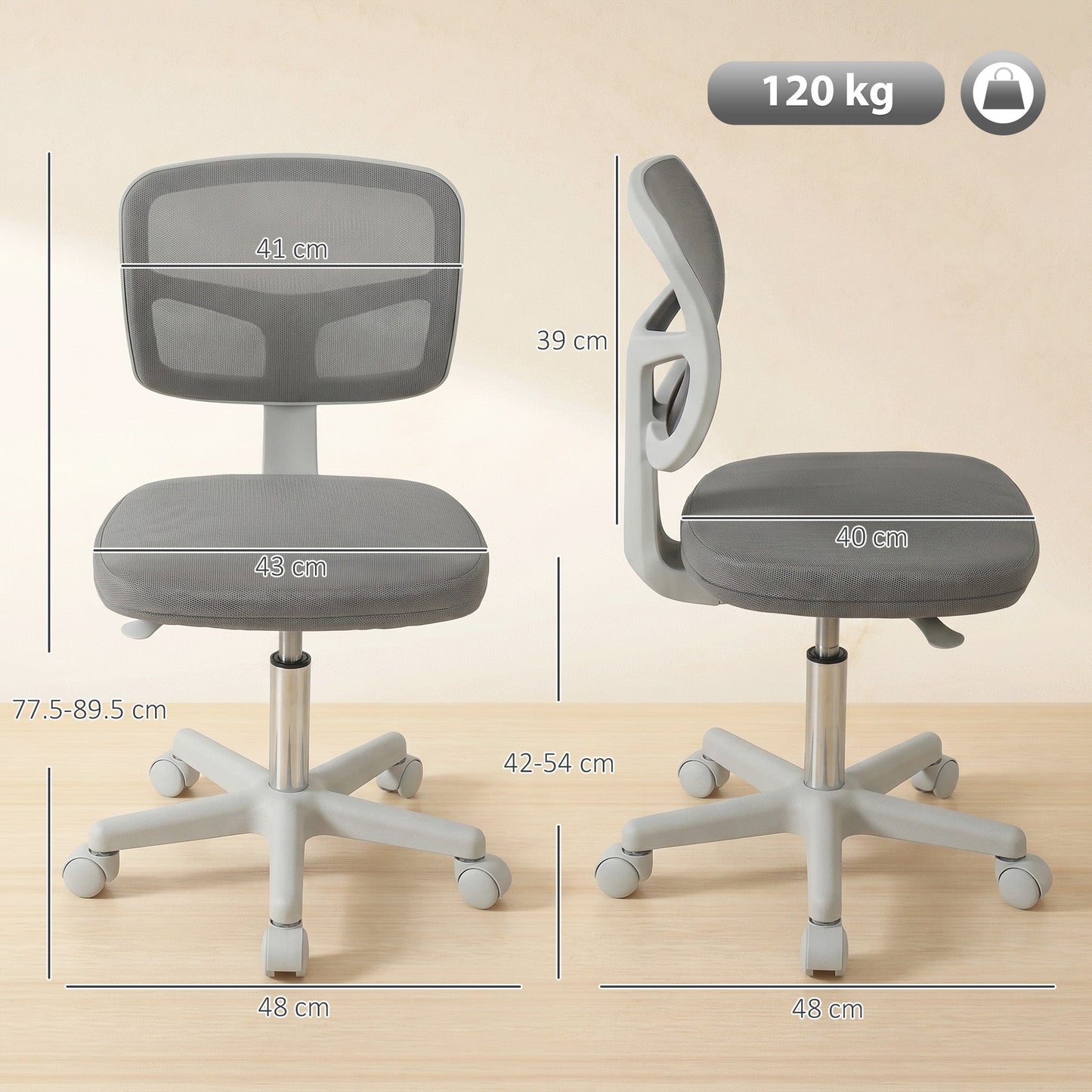 Small Office Chair without Arms, Ergonomic Swivel Mesh Desk Chair with Curved Back and Wheels, Height Adjustable for Home Vanity Computer Dressing Table Study Bedroom, Dark Grey