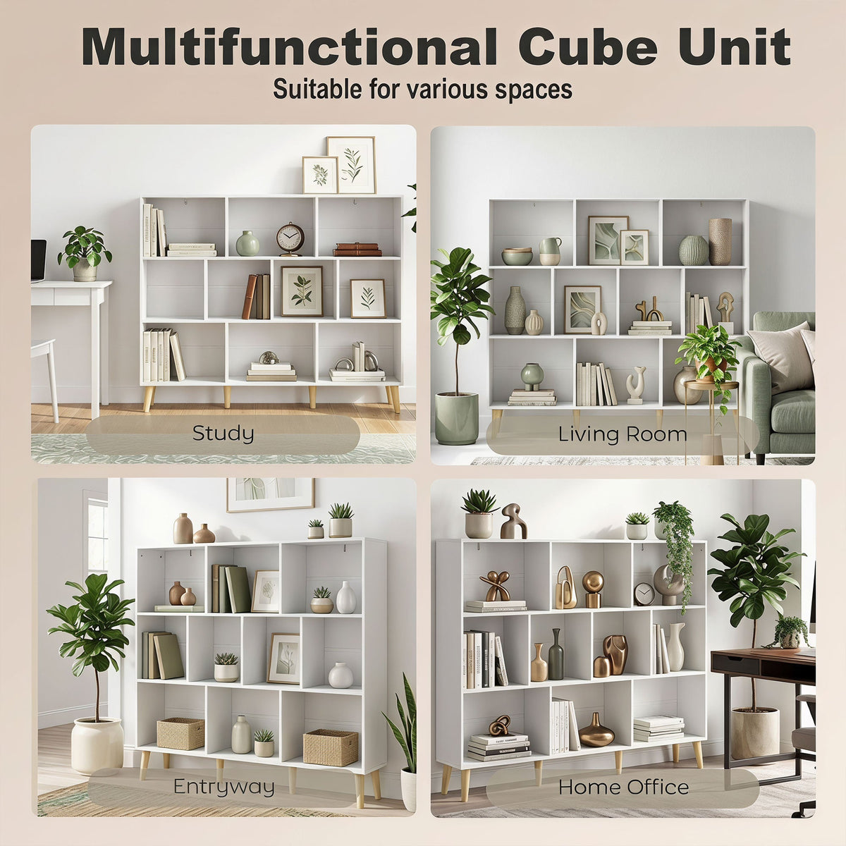 10-Cube Bookshelf, 3-Tier Bookcase with Solid Wood Legs, 140 cm Modern Freestanding Book Shelf with Anti-Tip Kit for Bedroom Living Room Study Office, White Wood Effect