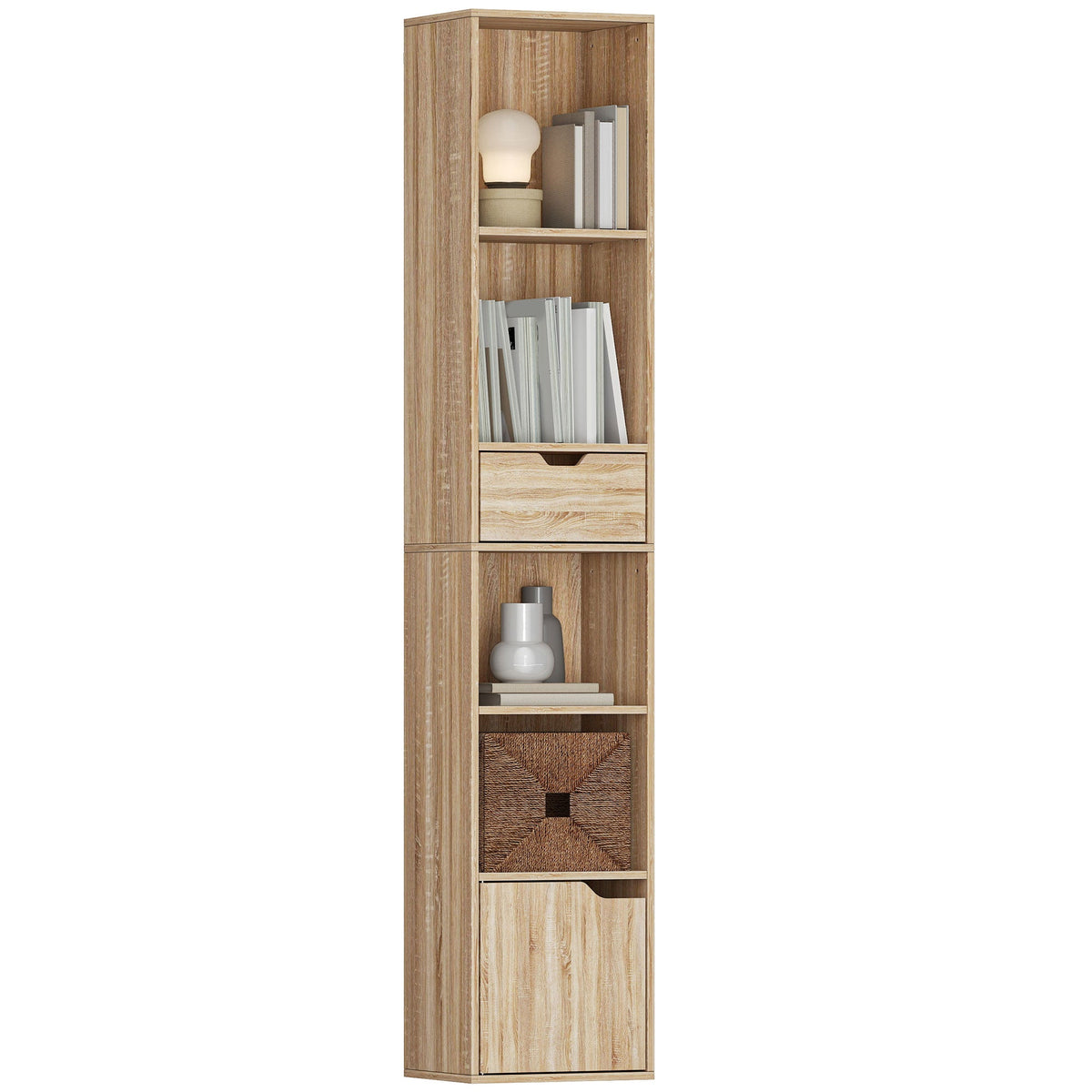 6-Tier Bookcase, Tall Narrow Bookshelf with Drawer, Door, Adjustable Shelf, Modern Display Standing Shelving Unit for Living Room, Home Office, Bedroom, 30 x 24 x 158 cm, Natural Wood Finish