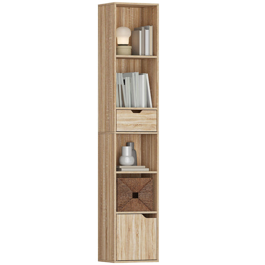 6-Tier Bookcase, Tall Narrow Bookshelf with Drawer, Door, Adjustable Shelf, Modern Display Standing Shelving Unit for Living Room, Home Office, Bedroom, 30 x 24 x 158 cm, Natural Wood Finish
