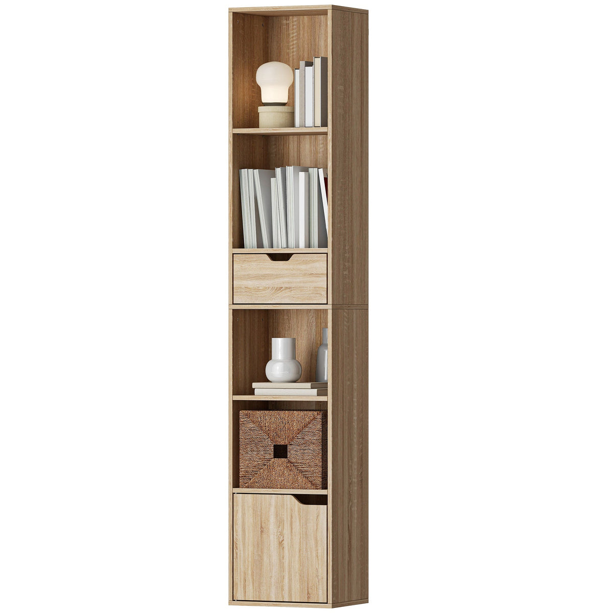 6-Tier Bookcase, Tall Narrow Bookshelf with Drawer, Door, Adjustable Shelf, Modern Display Standing Shelving Unit for Living Room, Home Office, Bedroom, 30 x 24 x 158 cm, Natural Wood Finish