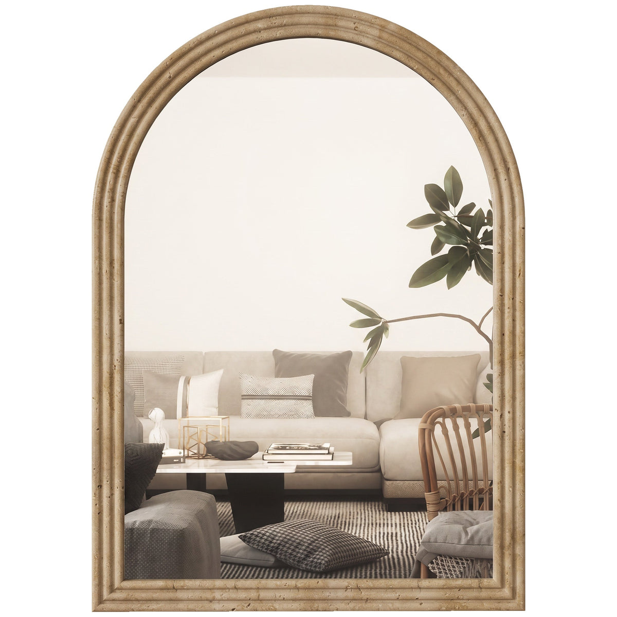 Arched Wall Mirror with Grooved Edge, Modern Wall-Mounted Mirror for Living Room, Entryway, Bedroom, Hallway, 50 x 2 x 70 cm, Brown