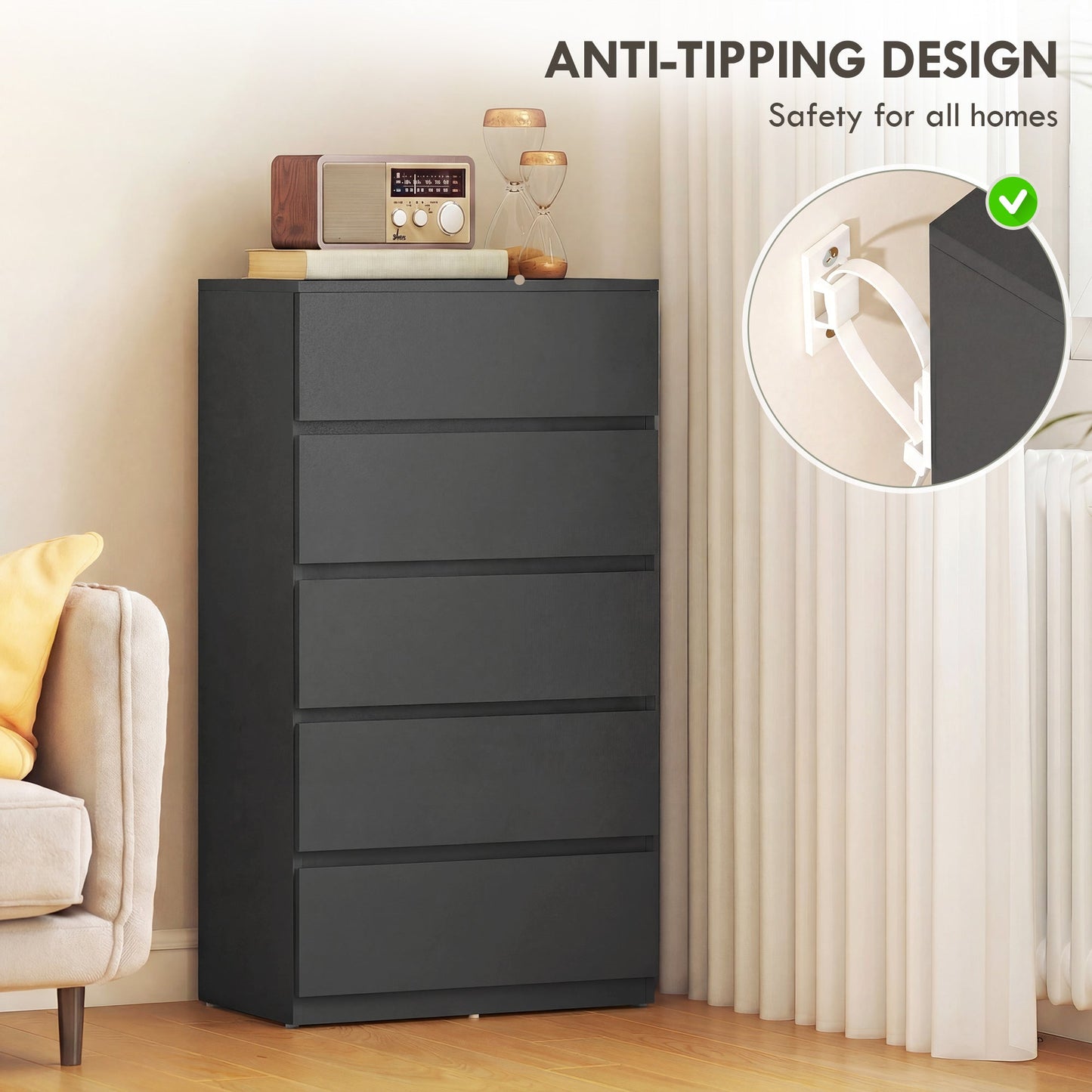 Chest of Drawers, 5 Drawers Storage Cabinet Floor Tower Cupboard for Bedroom Living Room, Black