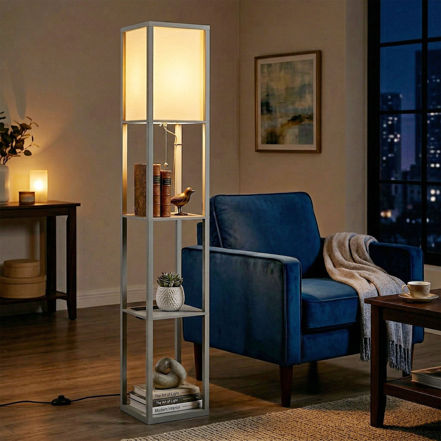3-Tier Floor Lamp with Shelves and Storage, Modern Corner Standing Lamp with LED Bulb, Lampshade, Reading Light with Foot Switch for Living Room, Bedroom, Home Office, Grey