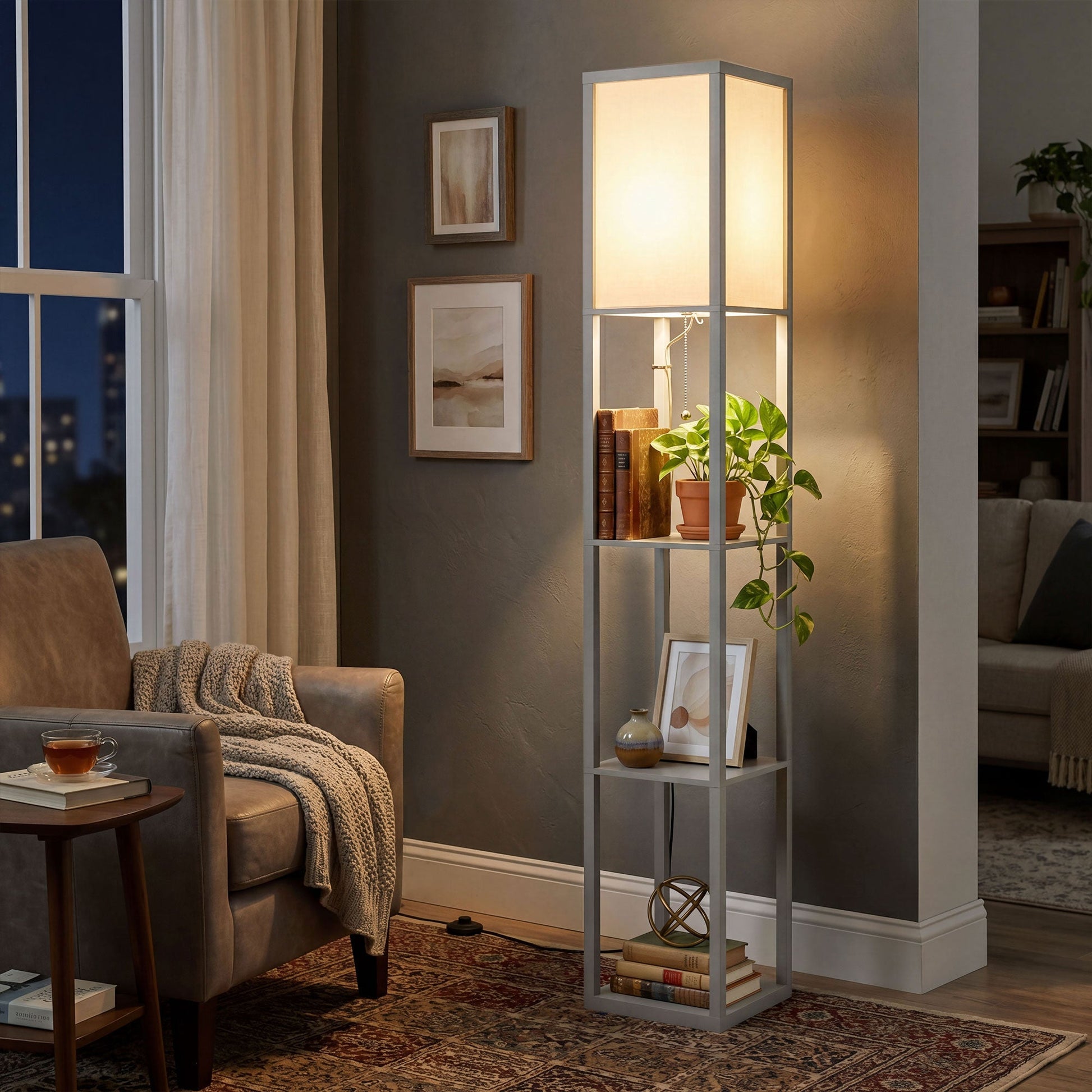3-Tier Floor Lamp with Shelves and Storage, Modern Corner Standing Lamp with LED Bulb, Lampshade, Reading Light with Foot Switch for Living Room, Bedroom, Home Office, Grey