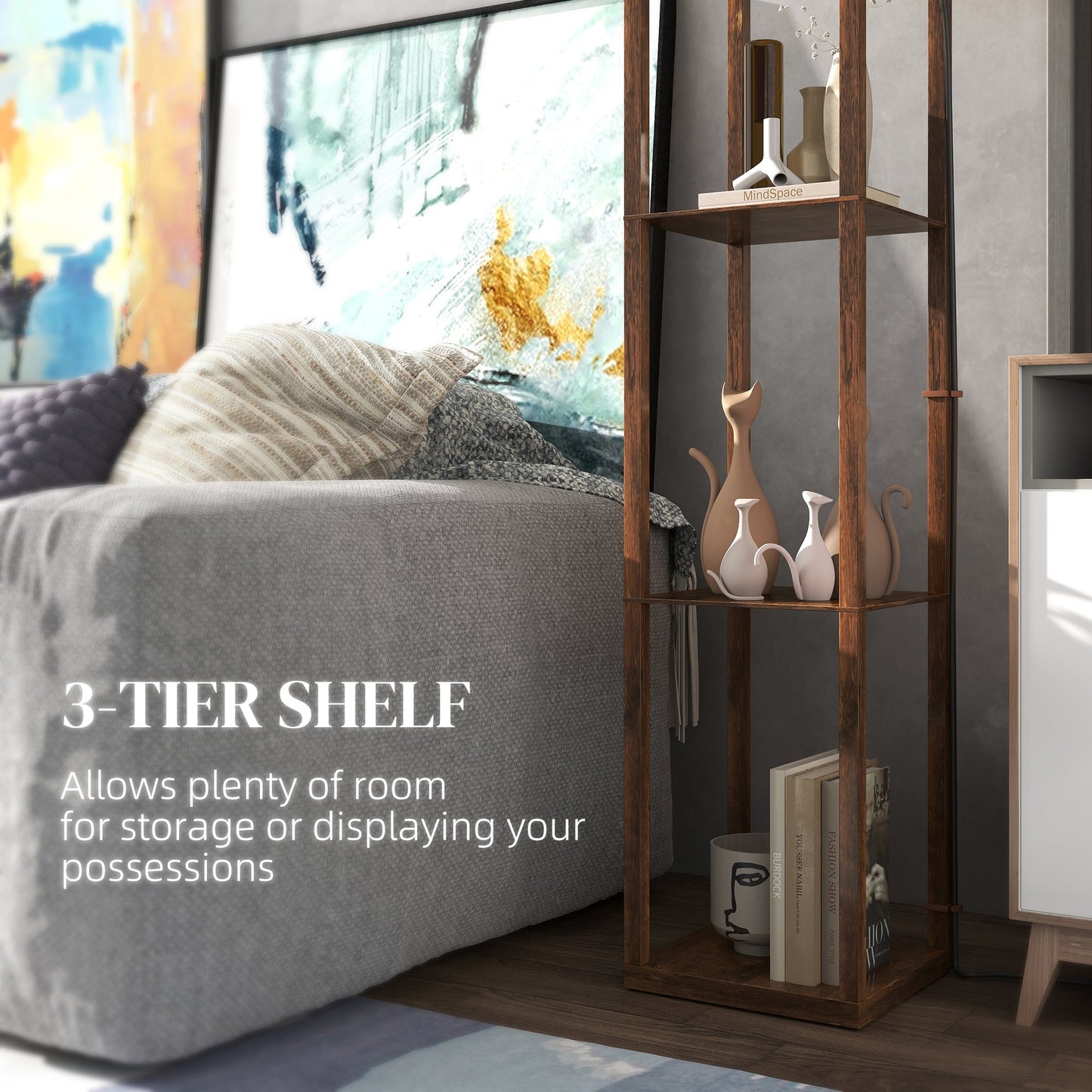 Floor Lamp with Shelves, Single Light, Modern Tall Standing Lamps for Living Room, Bedroom, with Chain Switch, Bulb not Included, Rustic Brown