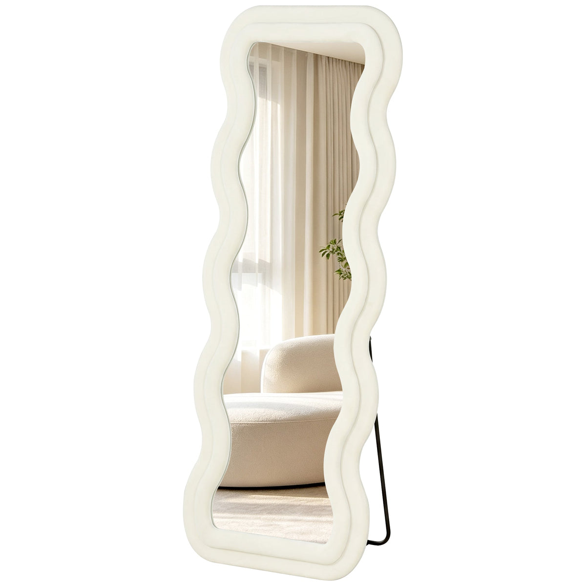 Full Length Mirror, 160 x 60 cm Wavy Large Full Body Standing Mirror with Velvet Frame, HD Tempered Glass, Floor Standing, Wall Hanging or Leaning for Bedroom,  Living Room, Cream White