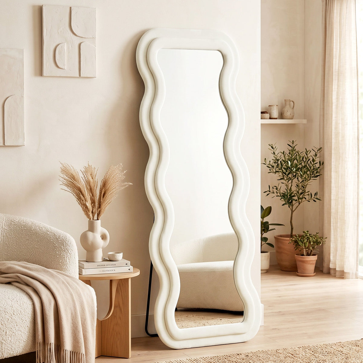 Full Length Mirror, 160 x 60 cm Wavy Large Full Body Standing Mirror with Velvet Frame, HD Tempered Glass, Floor Standing, Wall Hanging or Leaning for Bedroom,  Living Room, Cream White