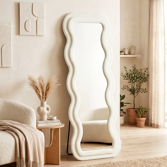 Full Length Mirror, 160 x 60 cm Wavy Large Full Body Standing Mirror with Velvet Frame, HD Tempered Glass, Floor Standing, Wall Hanging or Leaning for Bedroom,  Living Room, Cream White