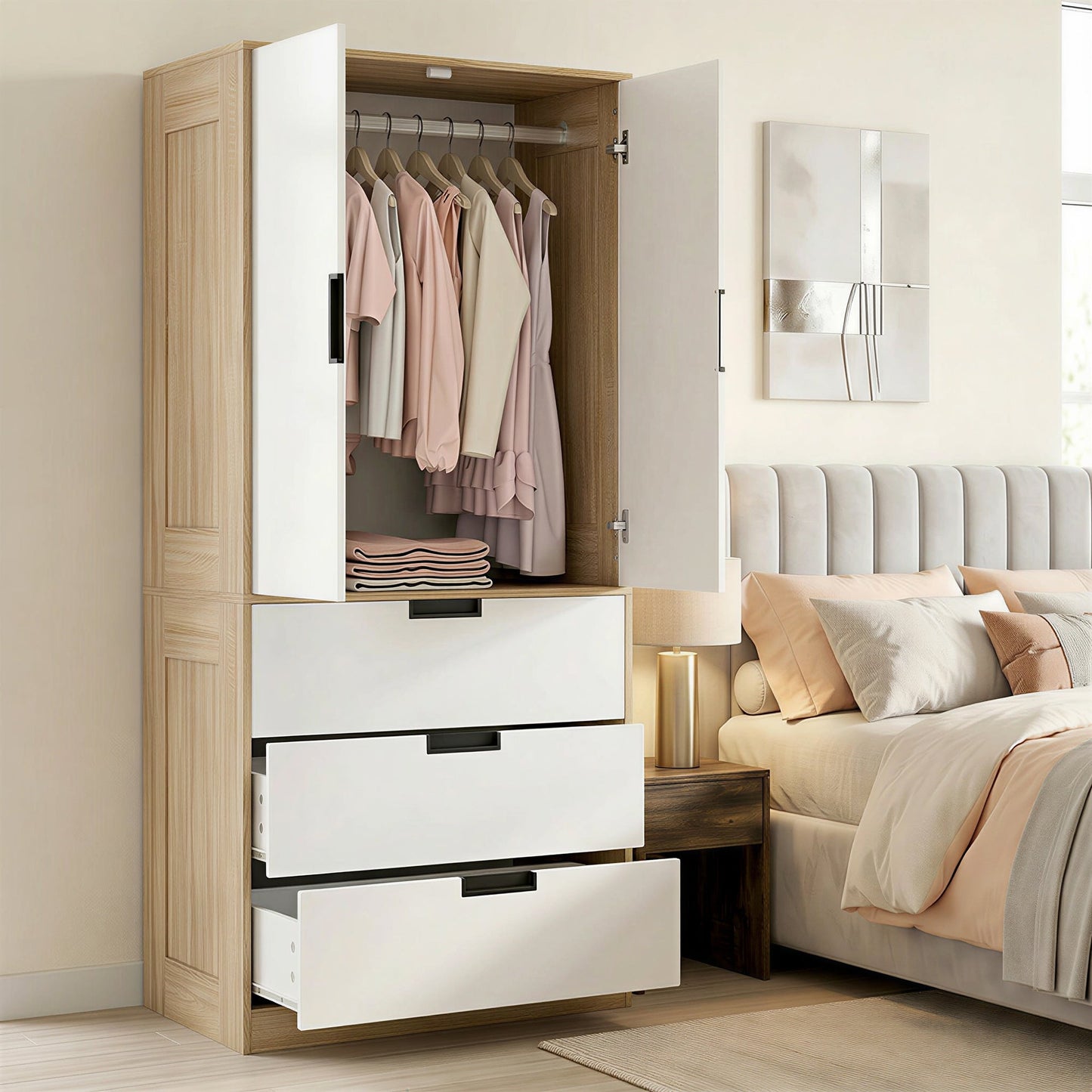 2 Door Wardrobe with 3 Drawers & Hanging Rail, Modern Clothes Storage Cupboard Unit, Bedroom Wardrobe with Soft Closing Hinge, 50D x 80W x 180Hcm, Oak