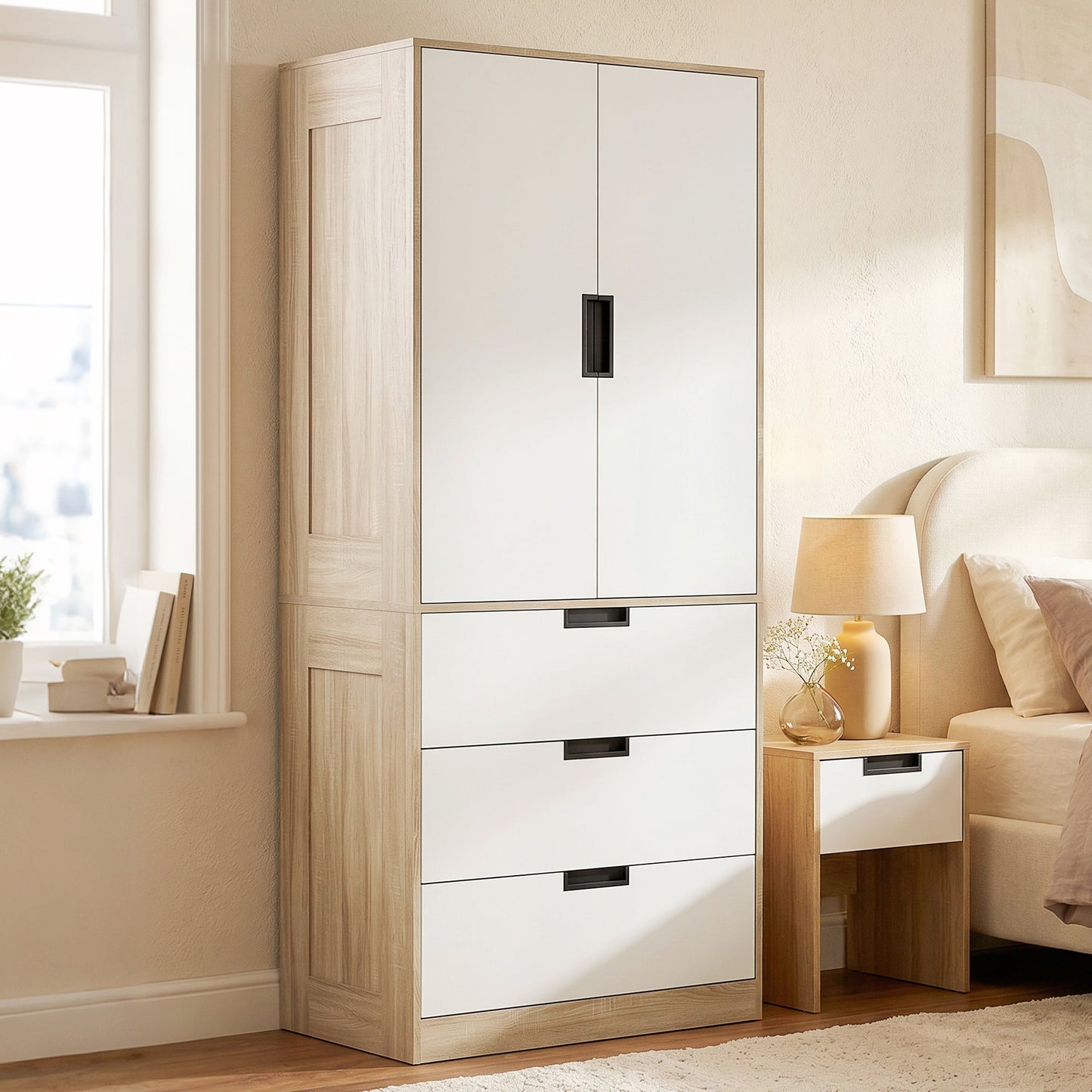 2 Door Wardrobe with 3 Drawers & Hanging Rail, Modern Clothes Storage Cupboard Unit, Bedroom Wardrobe with Soft Closing Hinge, 50D x 80W x 180Hcm, Oak