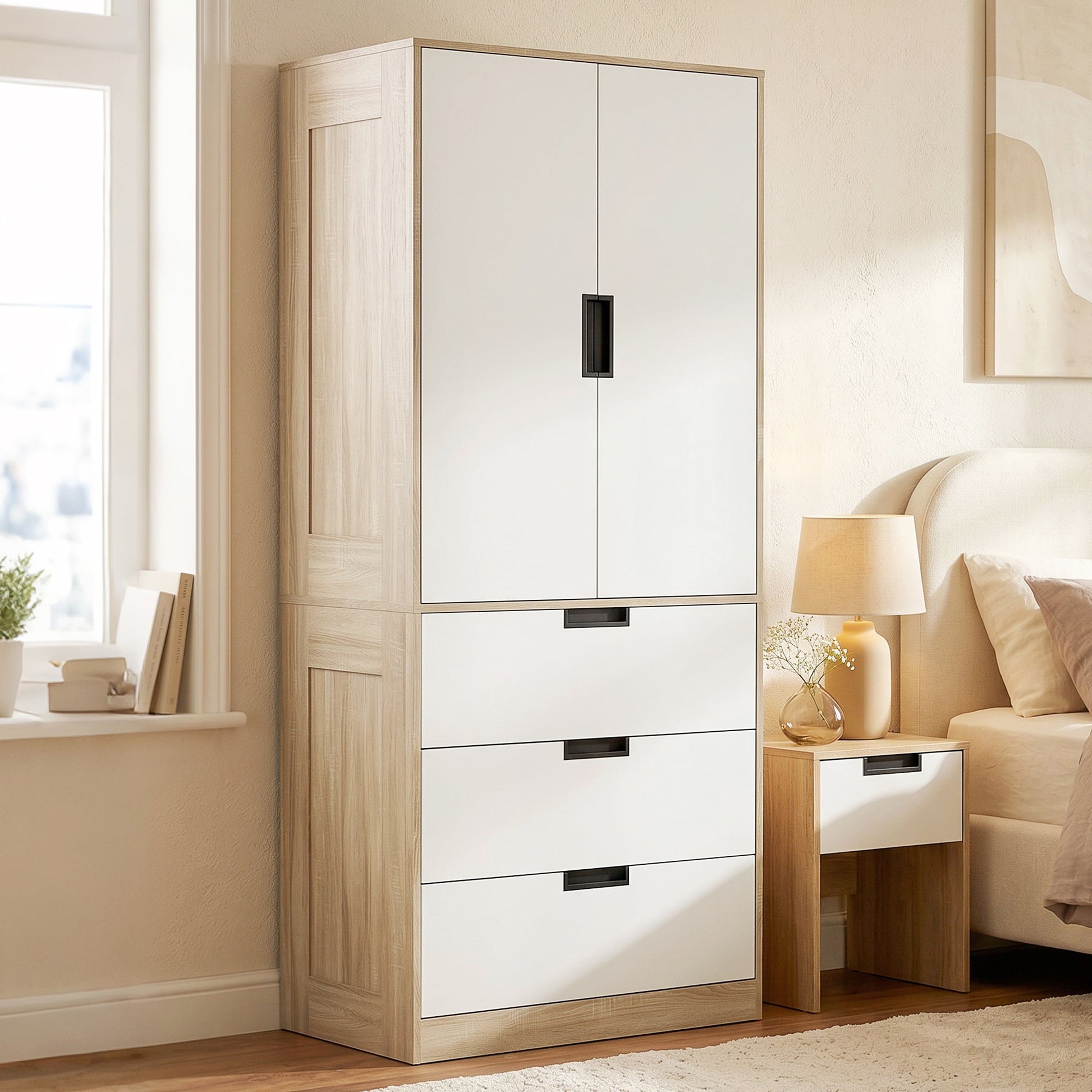 2 Door Wardrobe with 3 Drawers & Hanging Rail, Modern Clothes Storage Cupboard Unit, Bedroom Wardrobe with Soft Closing Hinge, 50D x 80W x 180Hcm, Oak