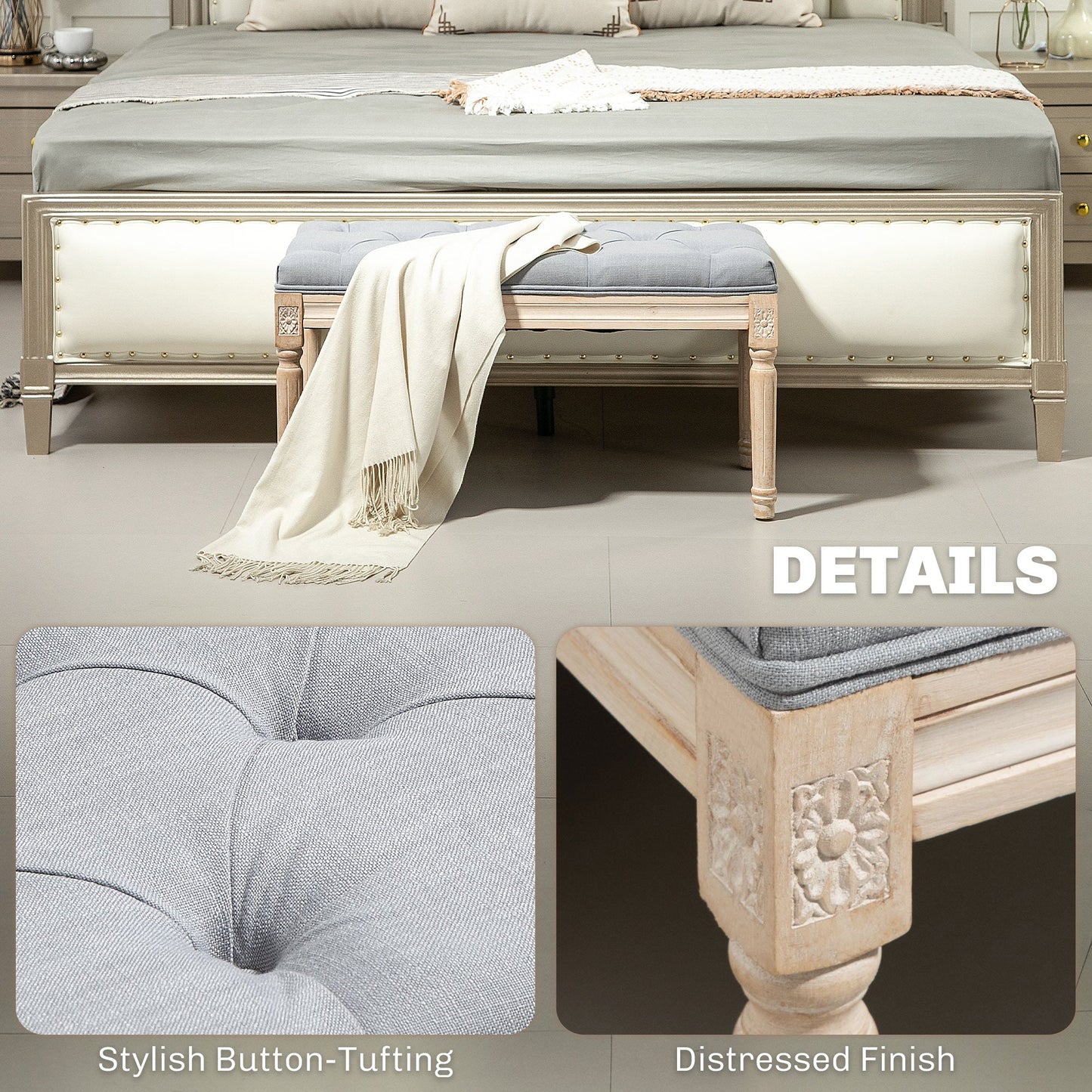 HOMCOM 80cm End of Bed Bench, Window Seat, Tufted Bench for Bedroom, Hallway, Living Room, Light Grey