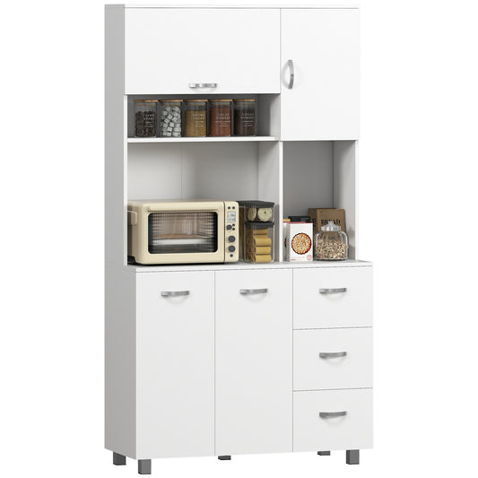 Kitchen Cupboard, 183cm Tall Storage Cabinet with Countertop, Sideboard with 3 Small Drawers, Flip Up Top Door, 3 Cabinet Doors and Open Shelves, 100W x 39.5D x 183.5H cm, White