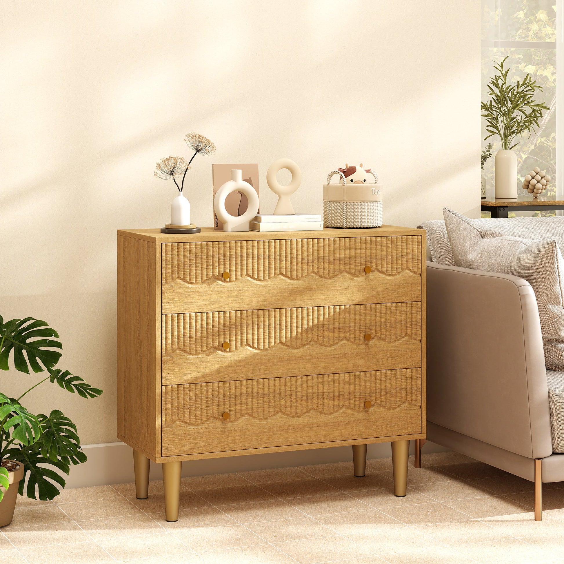 Chest of Drawers, 3 Drawer Dresser, Storage Cabinet with Steel Legs and Wooden Top for Bedroom, Living Room, Oak