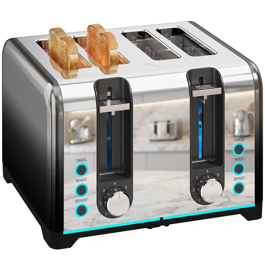 4 Slice Toaster with 7 Browning Levels, Reheat, Defrost and Cancel Functions, Self-Centring Slots, Auto Shut-Off, Removable Crumb Tray, 1860W, Black