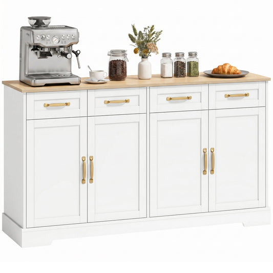 Sideboard Buffet Cabinet, 140 cm Modern Farmhouse Kitchen Storage Cabinet with 4 Drawers, 4 Doors and 2 Adjustable Shelves, Coffee Bar Station, White