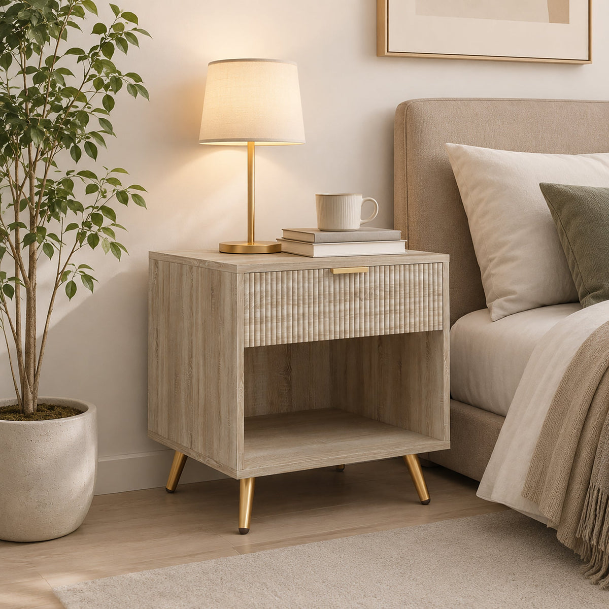 Bedside Table, Bedside Cabinet With Drawer and Open Compartment, Nightstand With Handle for Bedroom, Living Room, Natural Wood Finish