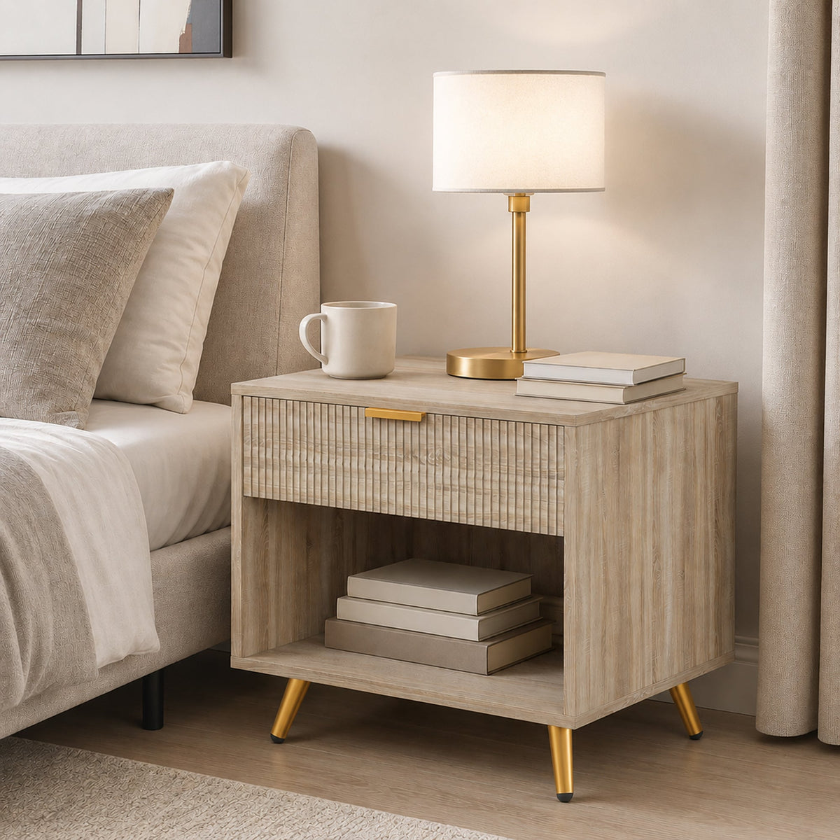 Bedside Table, Bedside Cabinet With Drawer and Open Compartment, Nightstand With Handle for Bedroom, Living Room, Natural Wood Finish