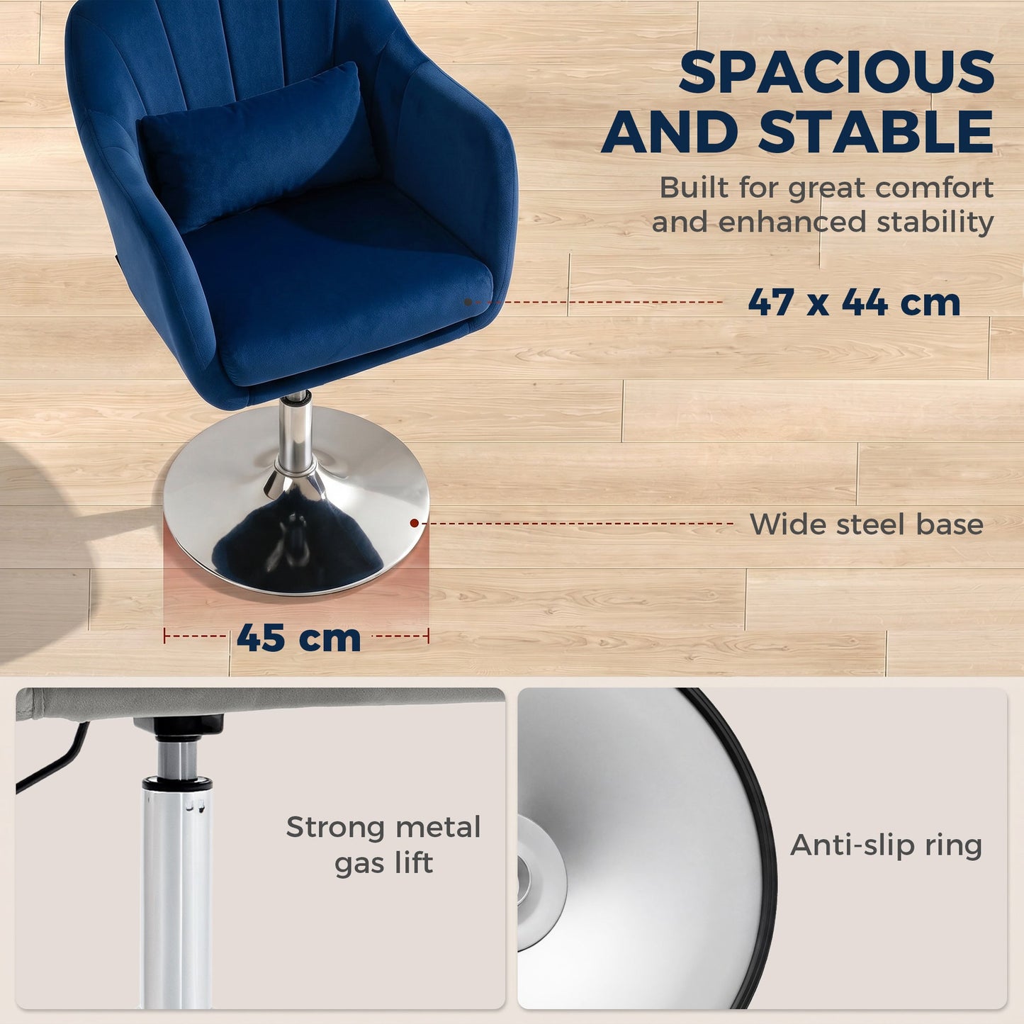 Swivel Accent Chair, Velvet Fabric Tub Vanity Chair, Modern Armchair with Adjustable Height and Lumbar Support for Living Room Bedroom Salon Make up Room Dressing Table, Dark Blue