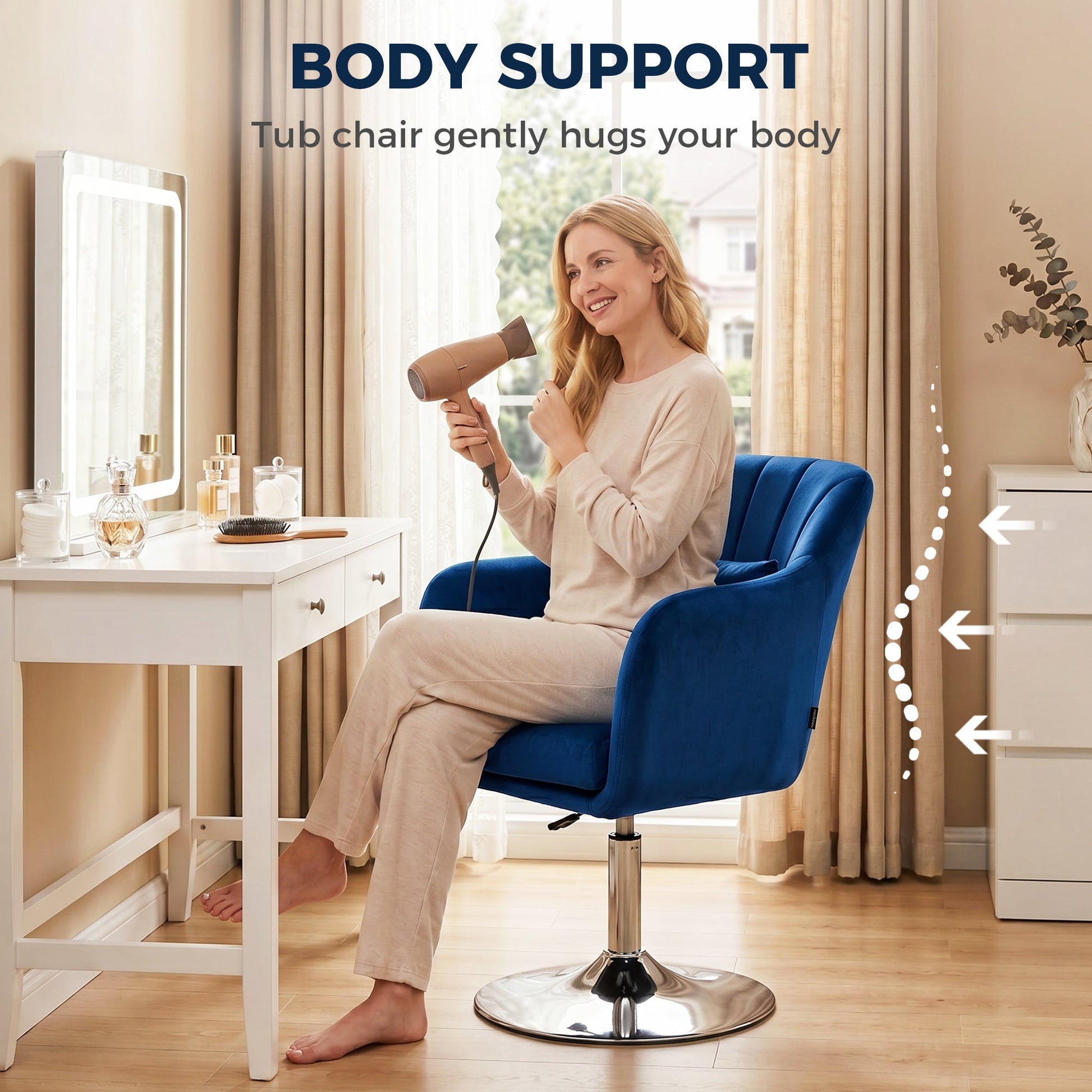 Swivel Accent Chair, Velvet Fabric Tub Vanity Chair, Modern Armchair with Adjustable Height and Lumbar Support for Living Room Bedroom Salon Make up Room Dressing Table, Dark Blue