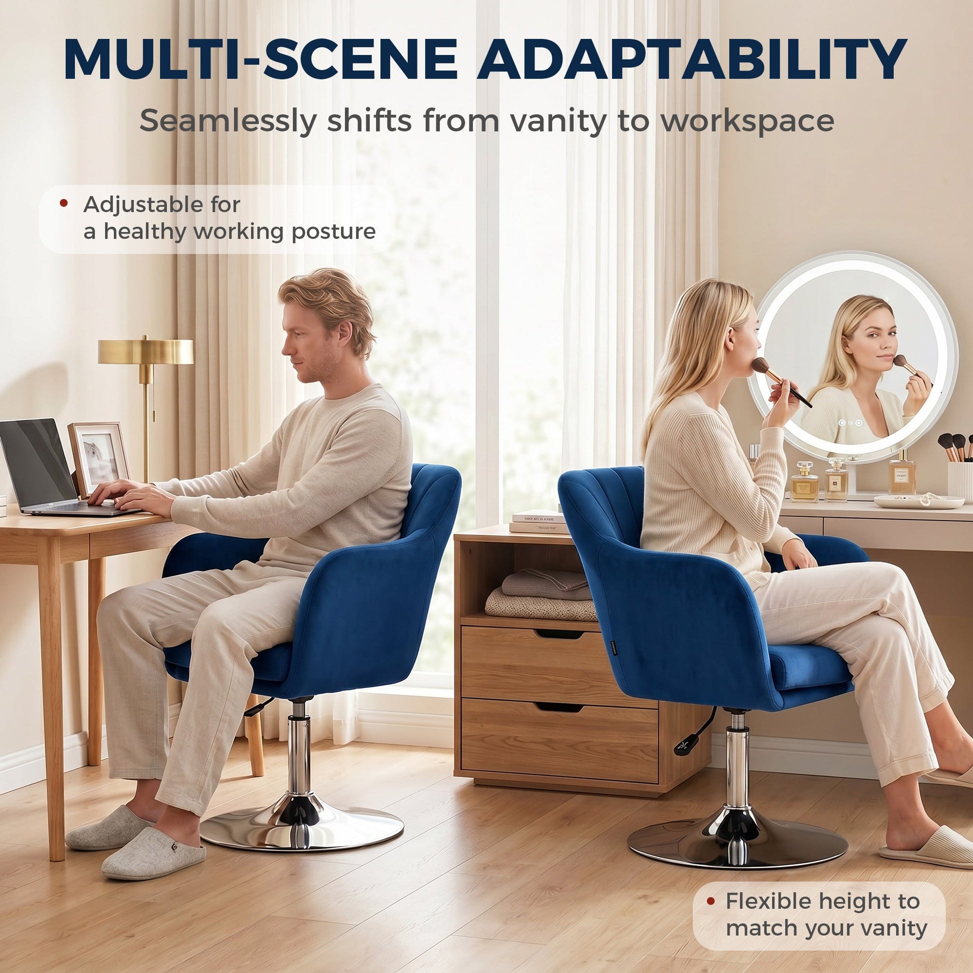 Swivel Accent Chair, Velvet Fabric Tub Vanity Chair, Modern Armchair with Adjustable Height and Lumbar Support for Living Room Bedroom Salon Make up Room Dressing Table, Dark Blue