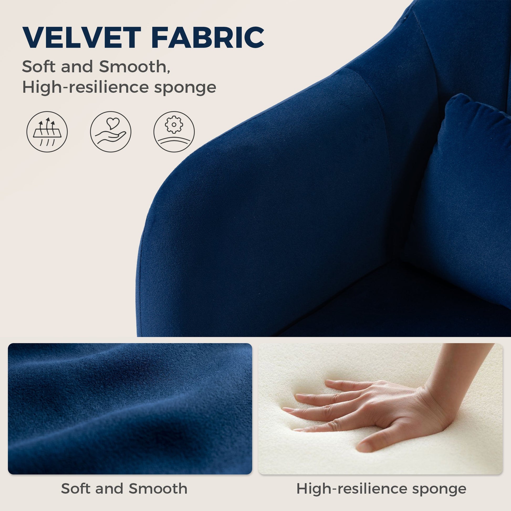 Swivel Accent Chair, Velvet Fabric Tub Vanity Chair, Modern Armchair with Adjustable Height and Lumbar Support for Living Room Bedroom Salon Make up Room Dressing Table, Dark Blue