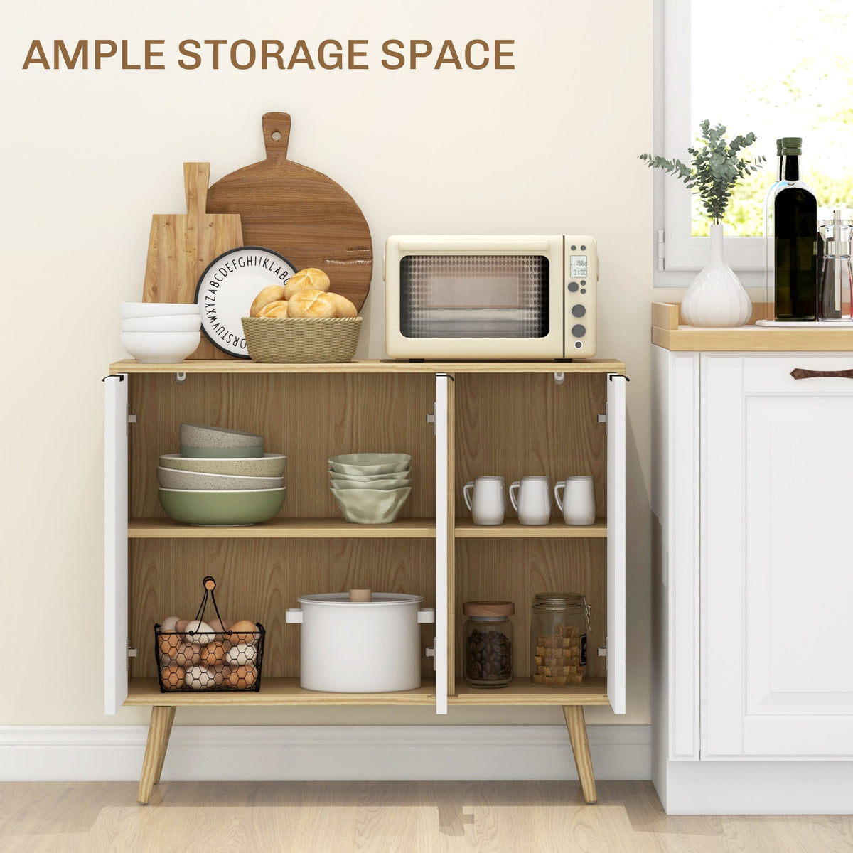 Modern Sideboard Buffet Cabinet, 91.5 cm Kitchen Storage Cabinet with 3 Doors and 2 Adjustable Shelves for Kitchen, Dining Room, Living Room, White