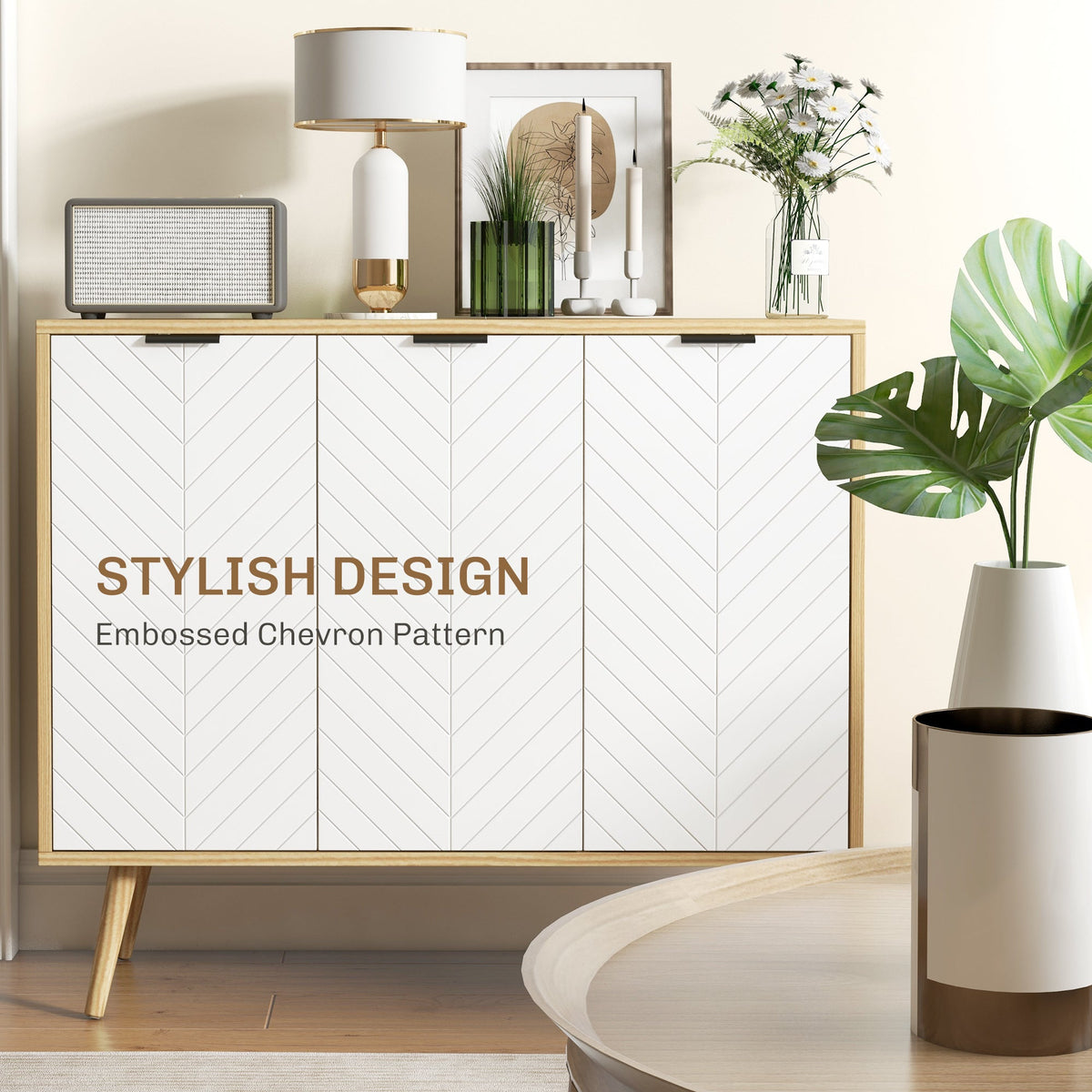 Modern Sideboard Buffet Cabinet, 91.5 cm Kitchen Storage Cabinet with 3 Doors and 2 Adjustable Shelves for Kitchen, Dining Room, Living Room, White