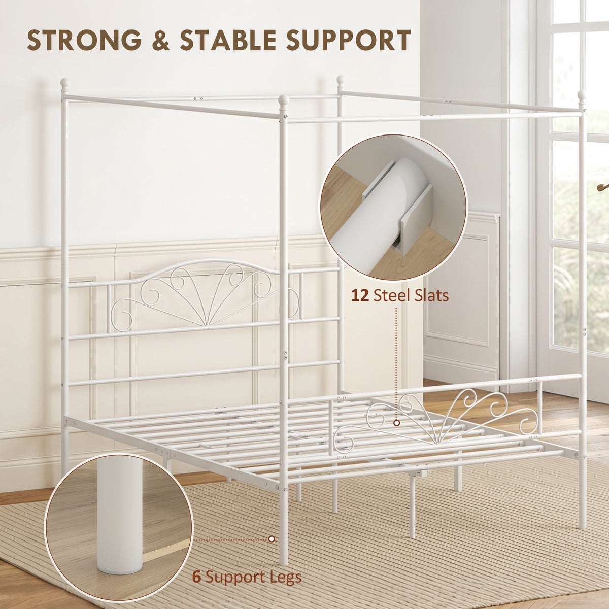 Canopy Bed Frame King Size, Metal Platform Bed Frame with Headboard and Footboard, Underbed Storage, Heavy Duty Steel Slats Support Mattress Foundation, No Box Spring Needed, White