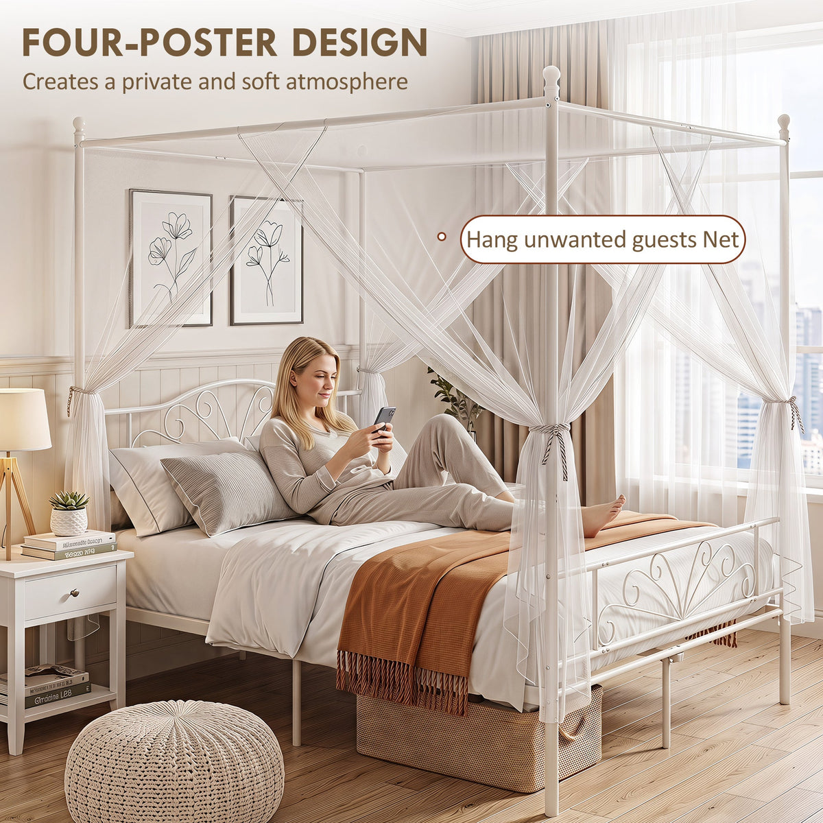 Canopy Bed Frame King Size, Metal Platform Bed Frame with Headboard and Footboard, Underbed Storage, Heavy Duty Steel Slats Support Mattress Foundation, No Box Spring Needed, White
