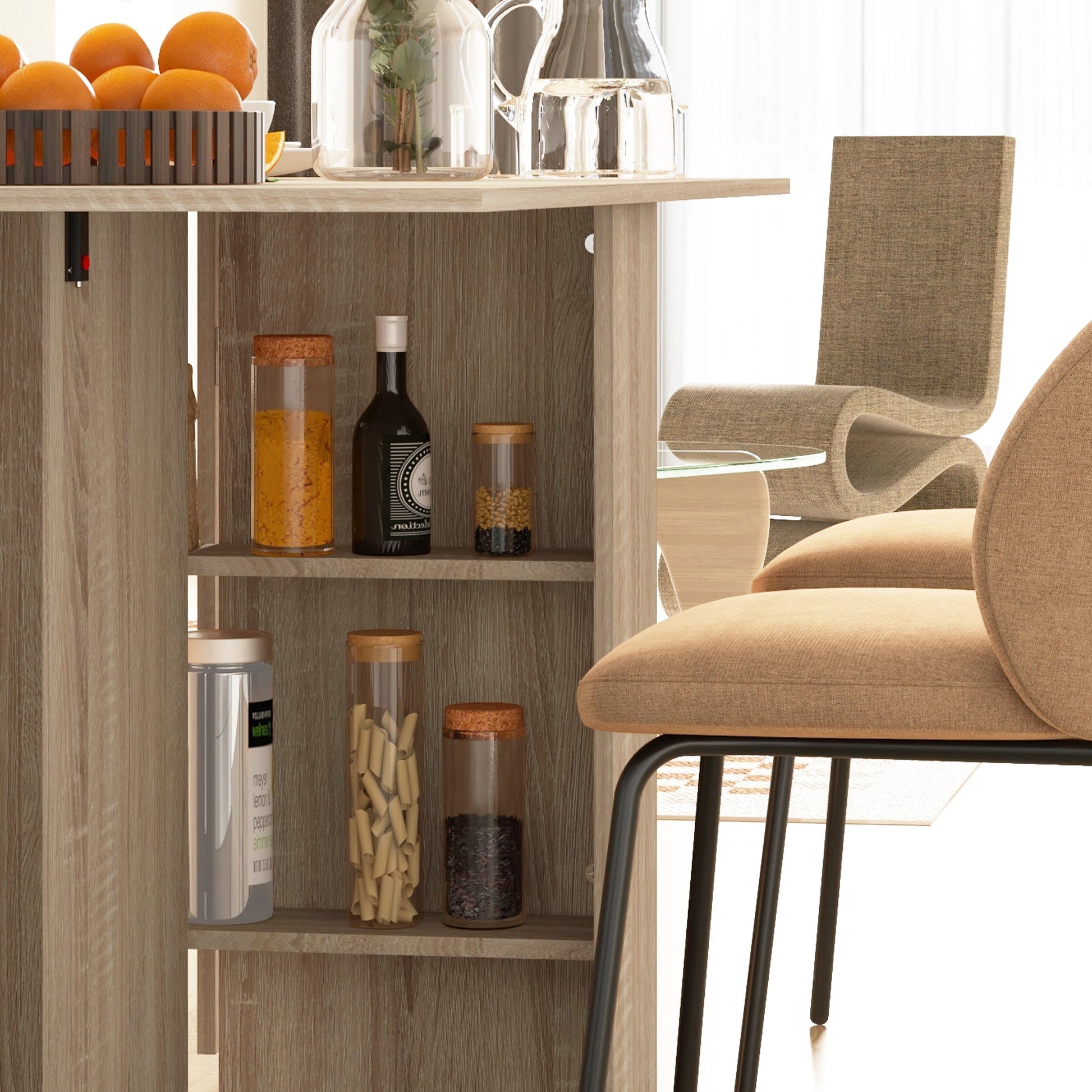 HOMCOM Folding Dining Table, Drop Leaf Table for Small Spaces with 2-tier Shelves, Small Kitchen Table with Rolling Casters, Natural