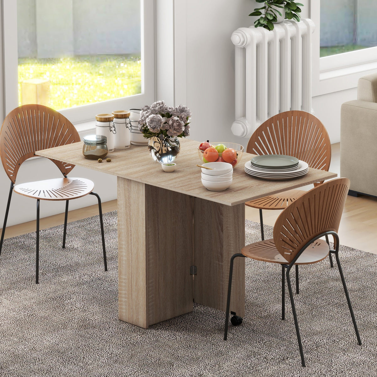 HOMCOM Folding Dining Table, Drop Leaf Table for Small Spaces with 2-tier Shelves, Small Kitchen Table with Rolling Casters, Natural