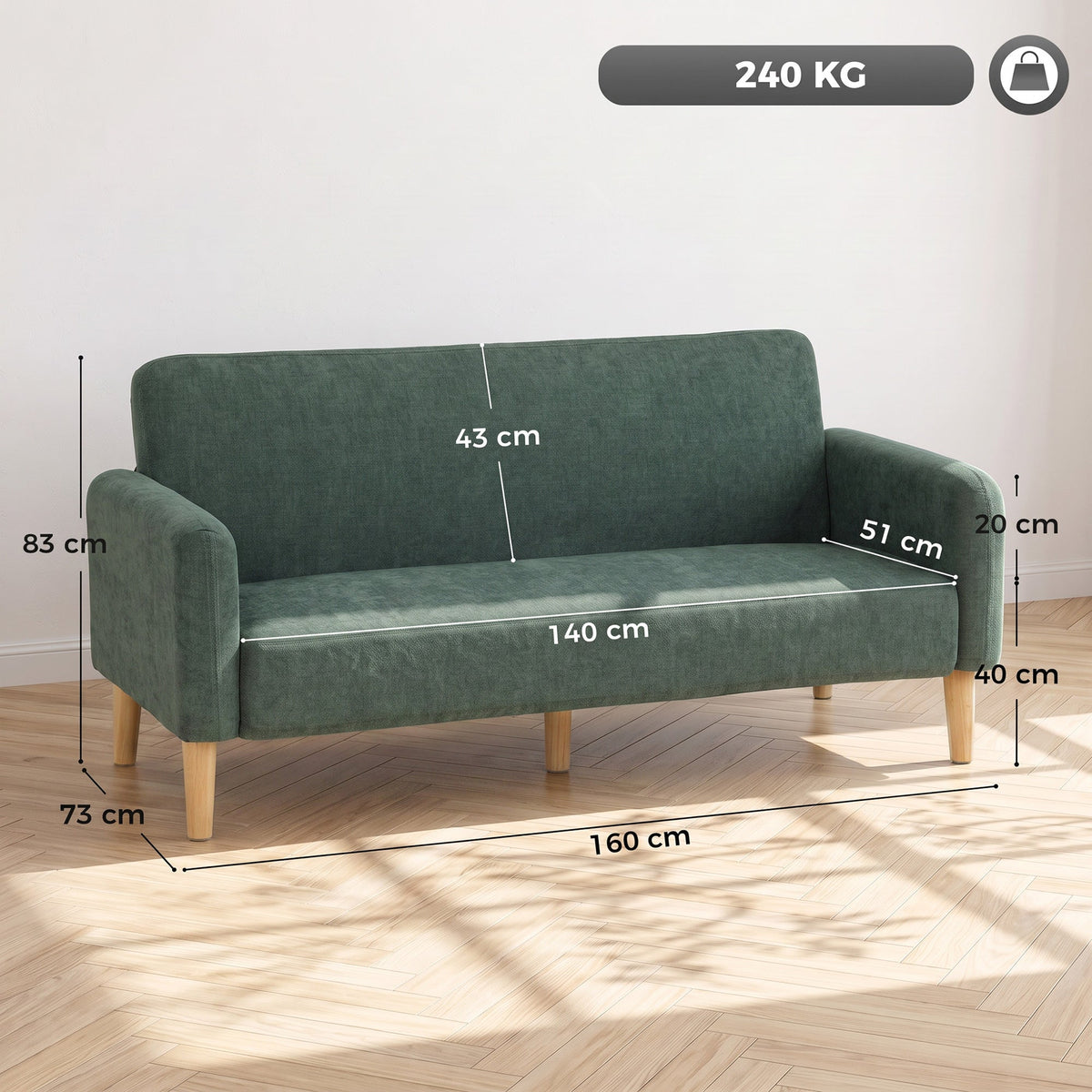 2 Seater Sofa, 160cm Velvet Small Couch with 20cm Thick Padding, Wide and Deep Seat, Plush Backrest, Loveseat Sofa Settee for Small Space, Living Room, Bedroom, Home Office, Dark Green