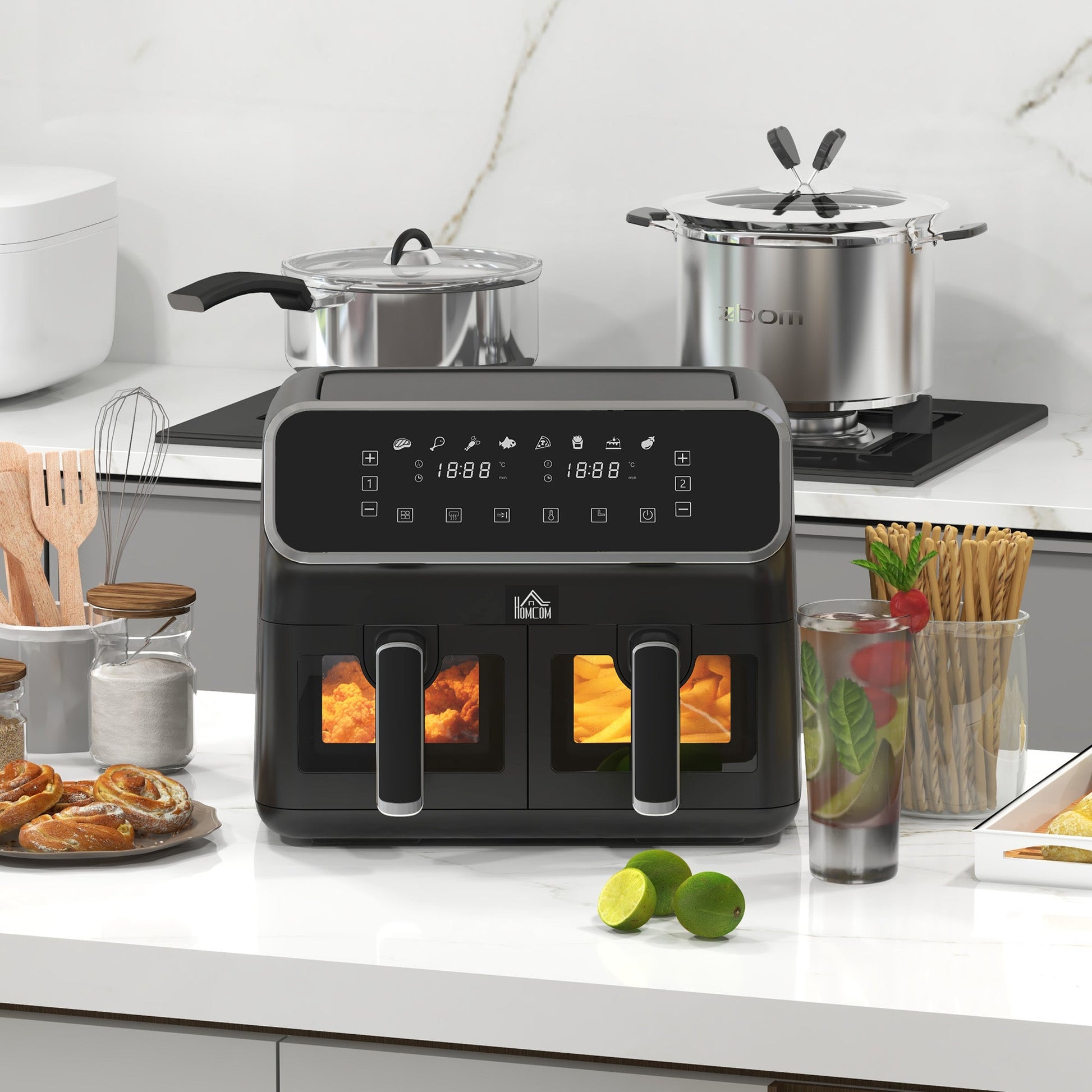 HOMCOM Dual Air Fryer, 8L Family Size Double Air Fryer Oven with 8-In-1 Presets, Smart Finish, Digital Display, Visual Window, Recipe, Timer for Oil Free & Low Fat Healthy Cooking, 2700W,  Silver