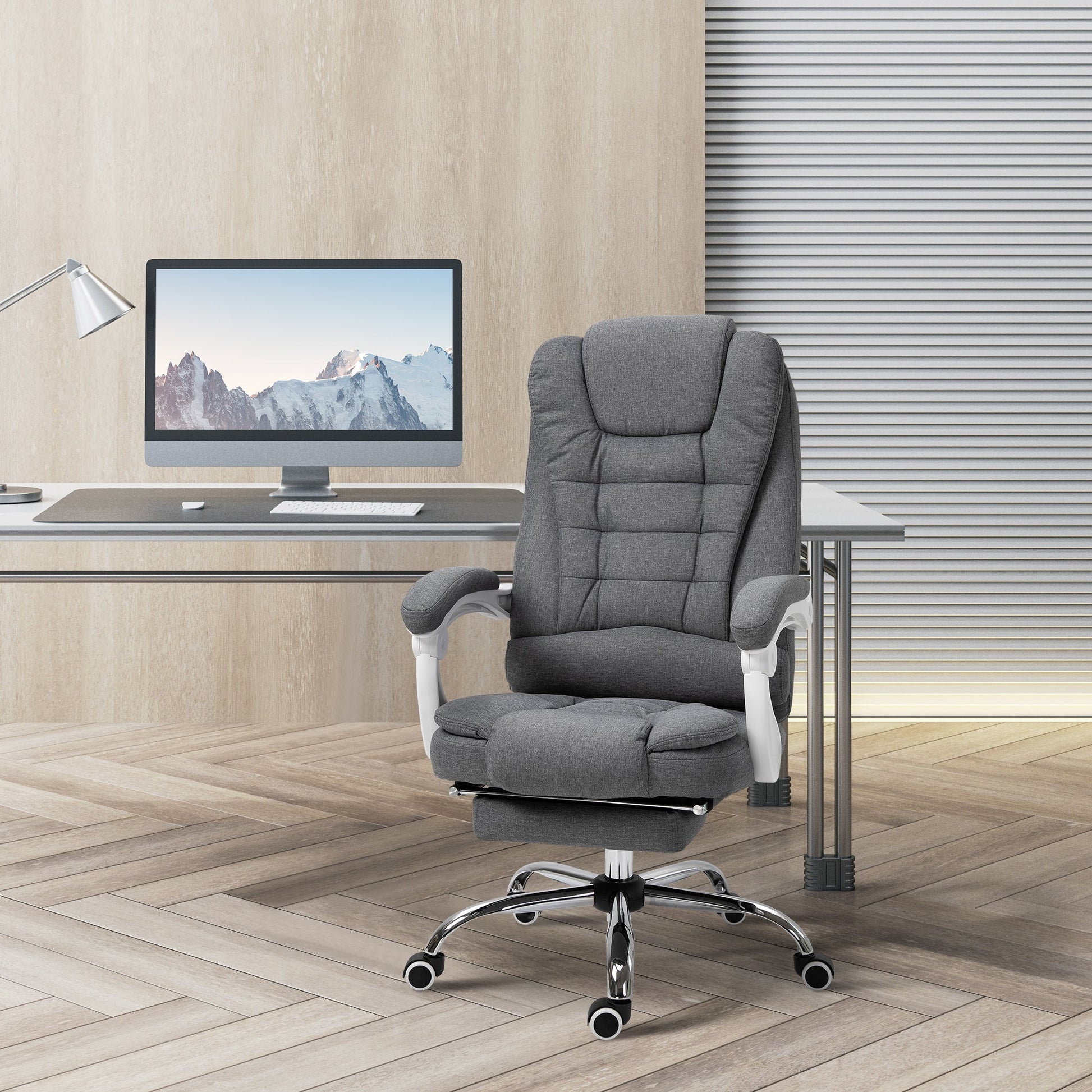 Vinsetto Office Chair, Computer Desk Chair, Linen Fabric Swivel Rolling Task Chair with Large Soft Padded Cushion, 135° Reclining Backrest and Retractable Footrest, Grey